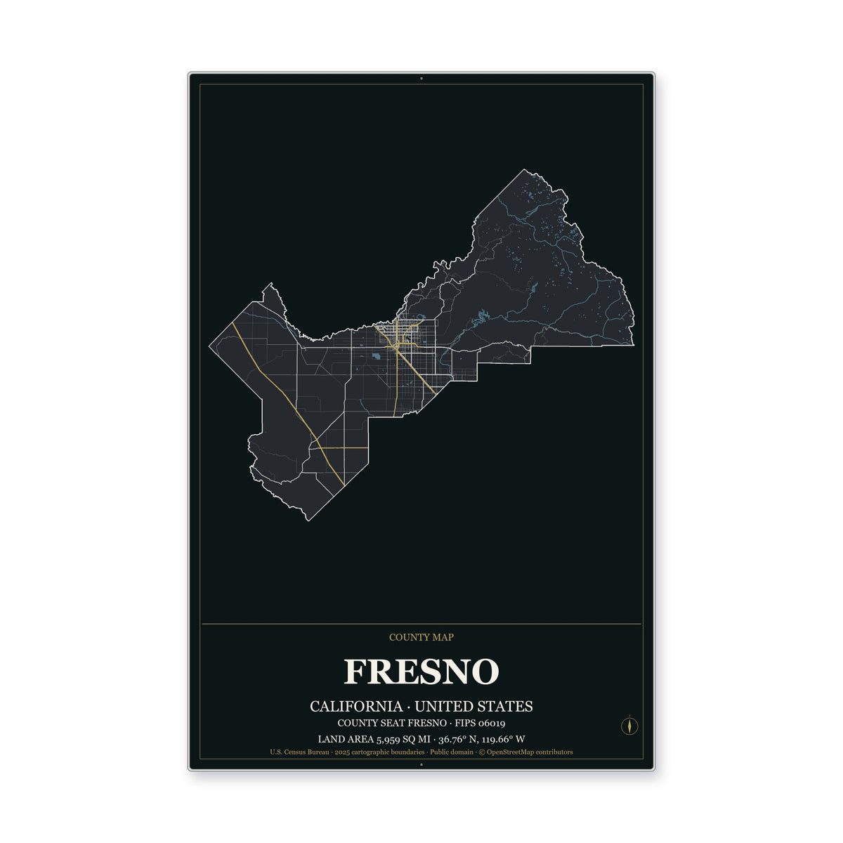 Fresno County, California Map Aluminum Sign in Metropolitan Noir style