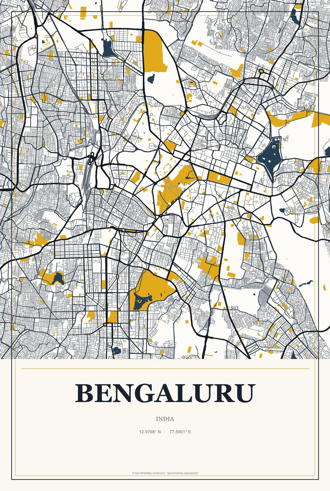 Bengaluru, India City Map Aluminum Sign in Citrine Modern style