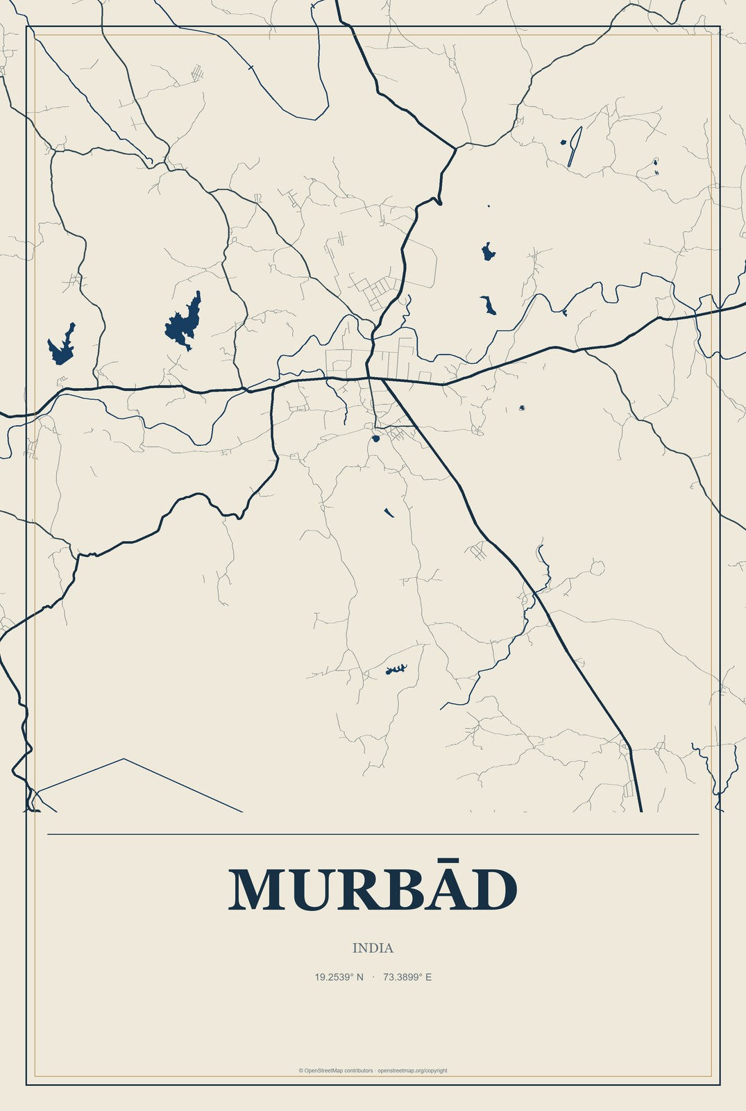 Murbād, India City Map Aluminum Sign in Coastal Cutout style