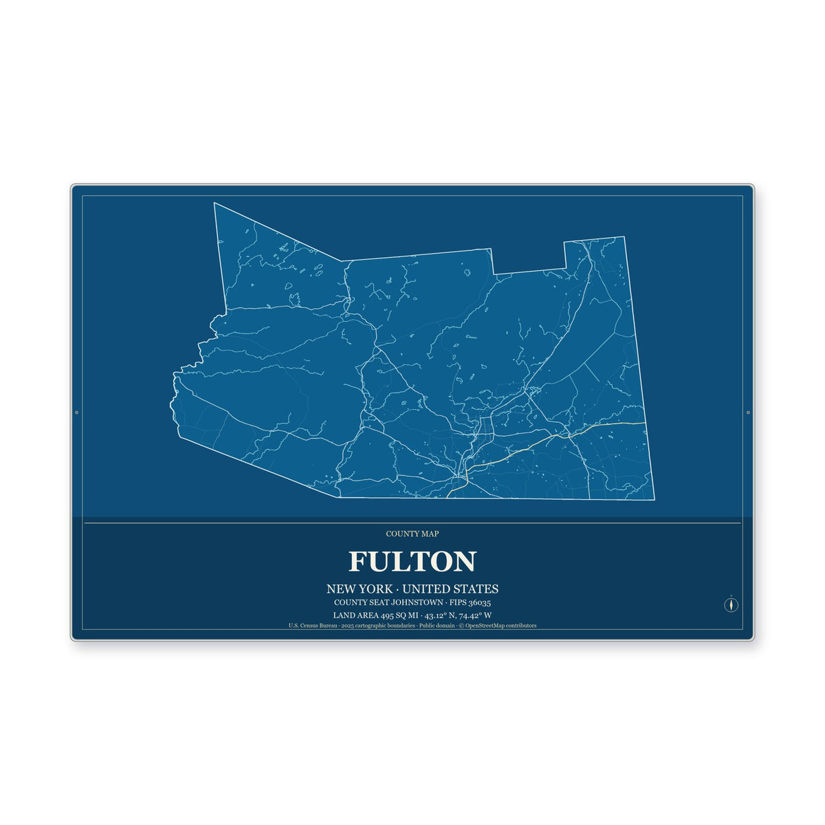 Fulton County, New York Map Aluminum Sign in Harbor Cobalt style