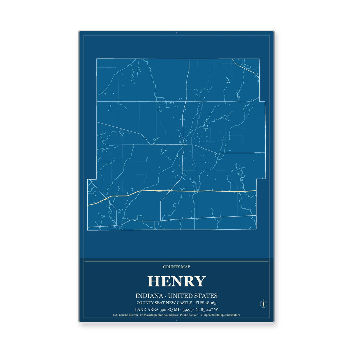 Henry County, Indiana Map Aluminum Sign in Harbor Cobalt style