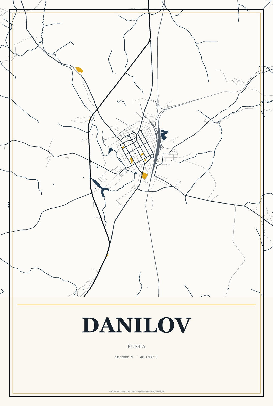 Danilov, Russia City Map Aluminum Sign in Citrine Modern style