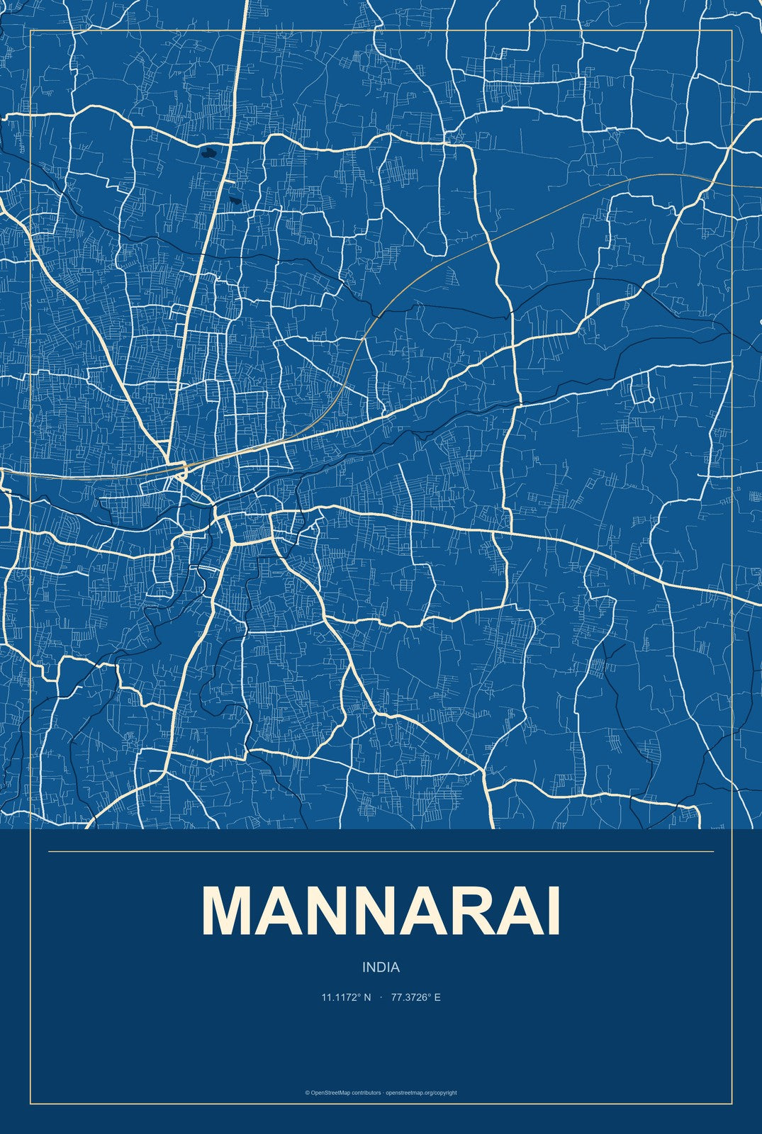 Mannarai, India City Map Aluminum Sign in Harbor Cobalt style