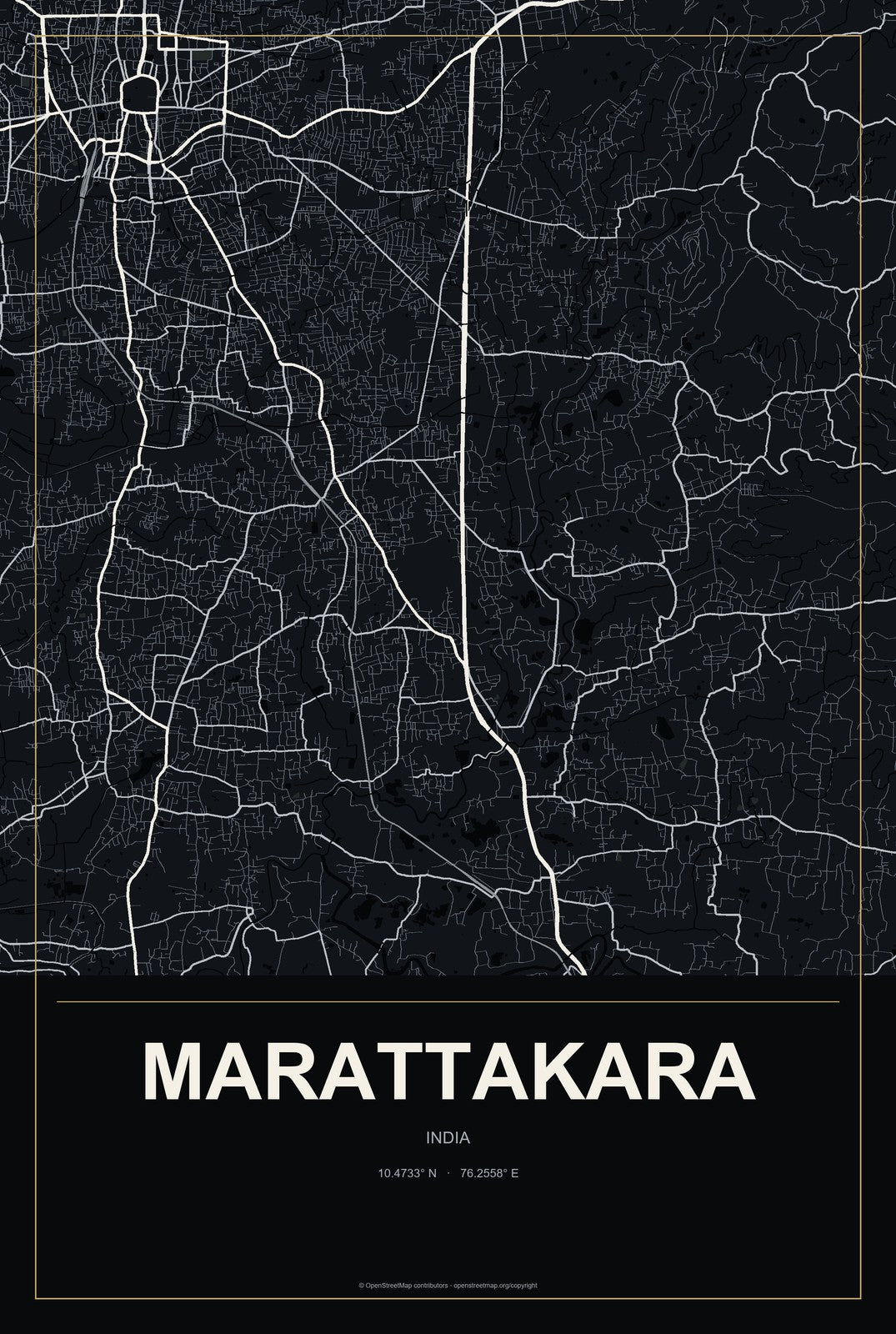 Marattakara, India City Map Aluminum Sign in Metropolitan Noir style