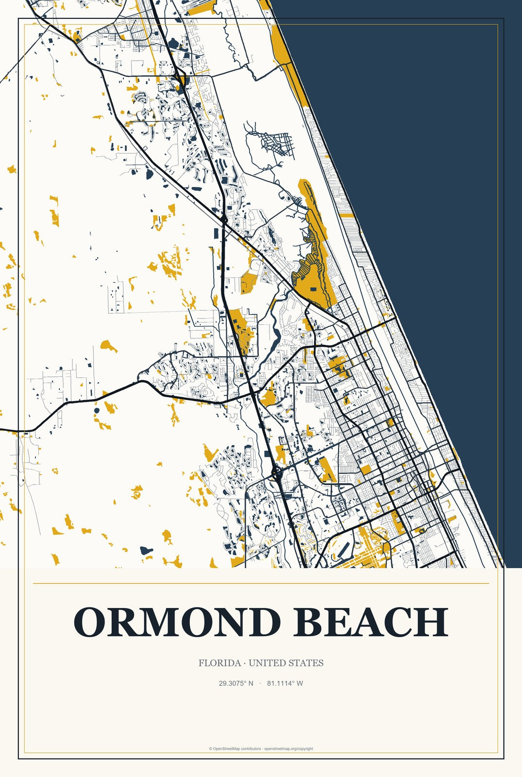 Ormond Beach, Florida City Map Aluminum Sign in Citrine Modern style