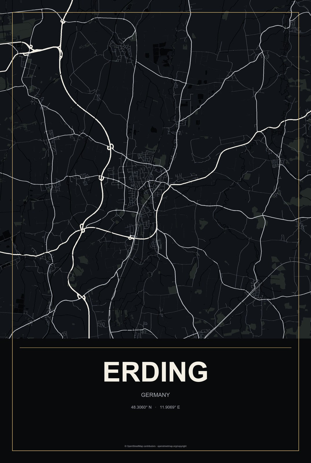 Erding, Germany City Map Aluminum Sign in Metropolitan Noir style