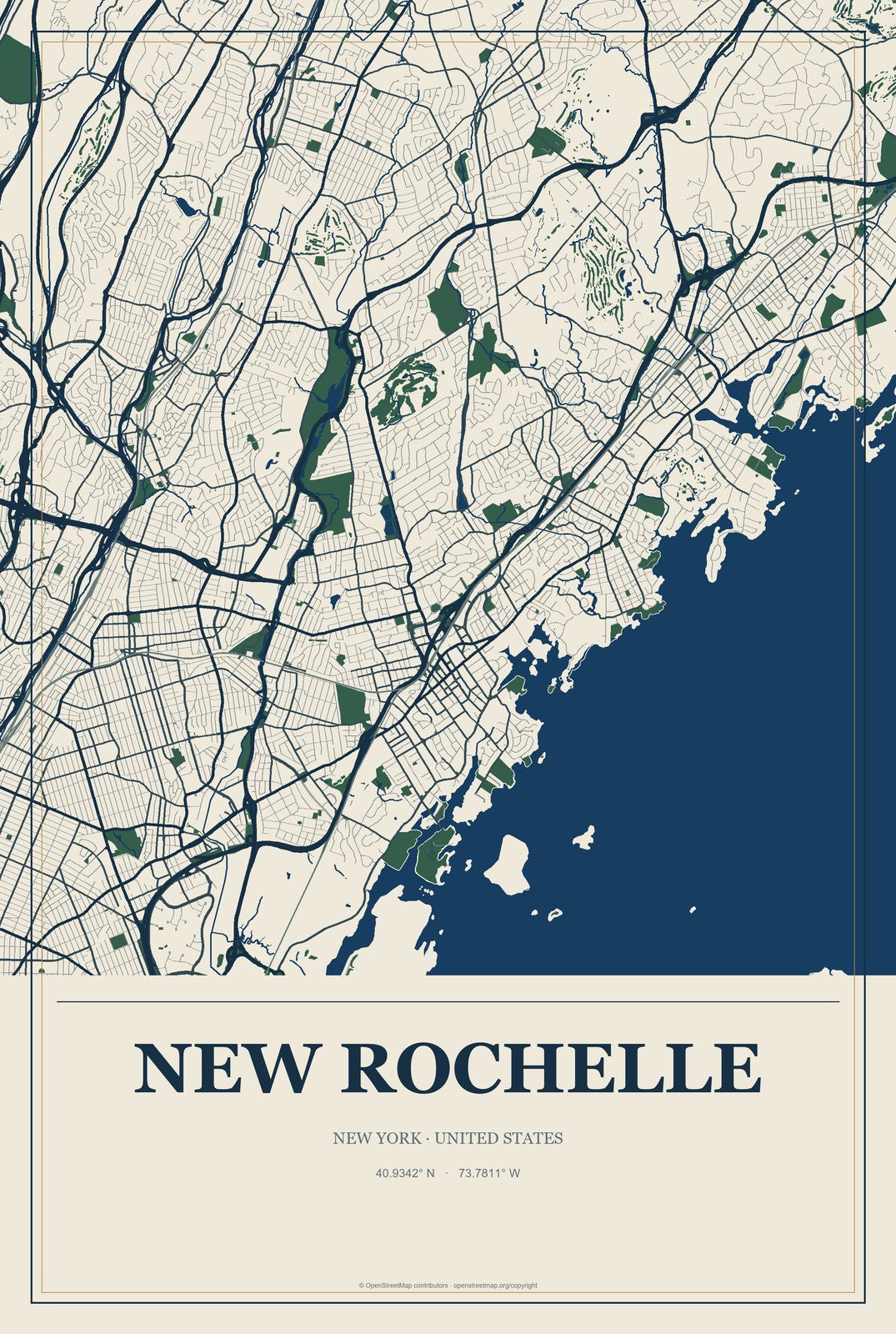 New Rochelle, New York City Map Aluminum Sign in Coastal Cutout style