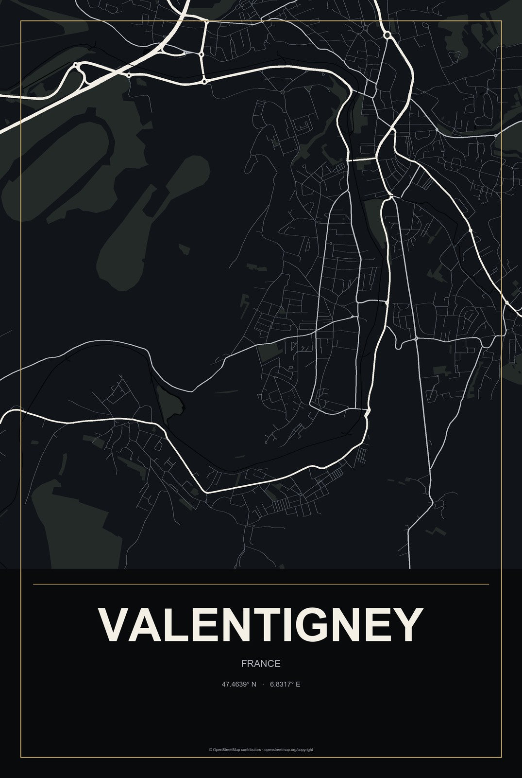 Valentigney, France City Map Aluminum Sign in Metropolitan Noir style