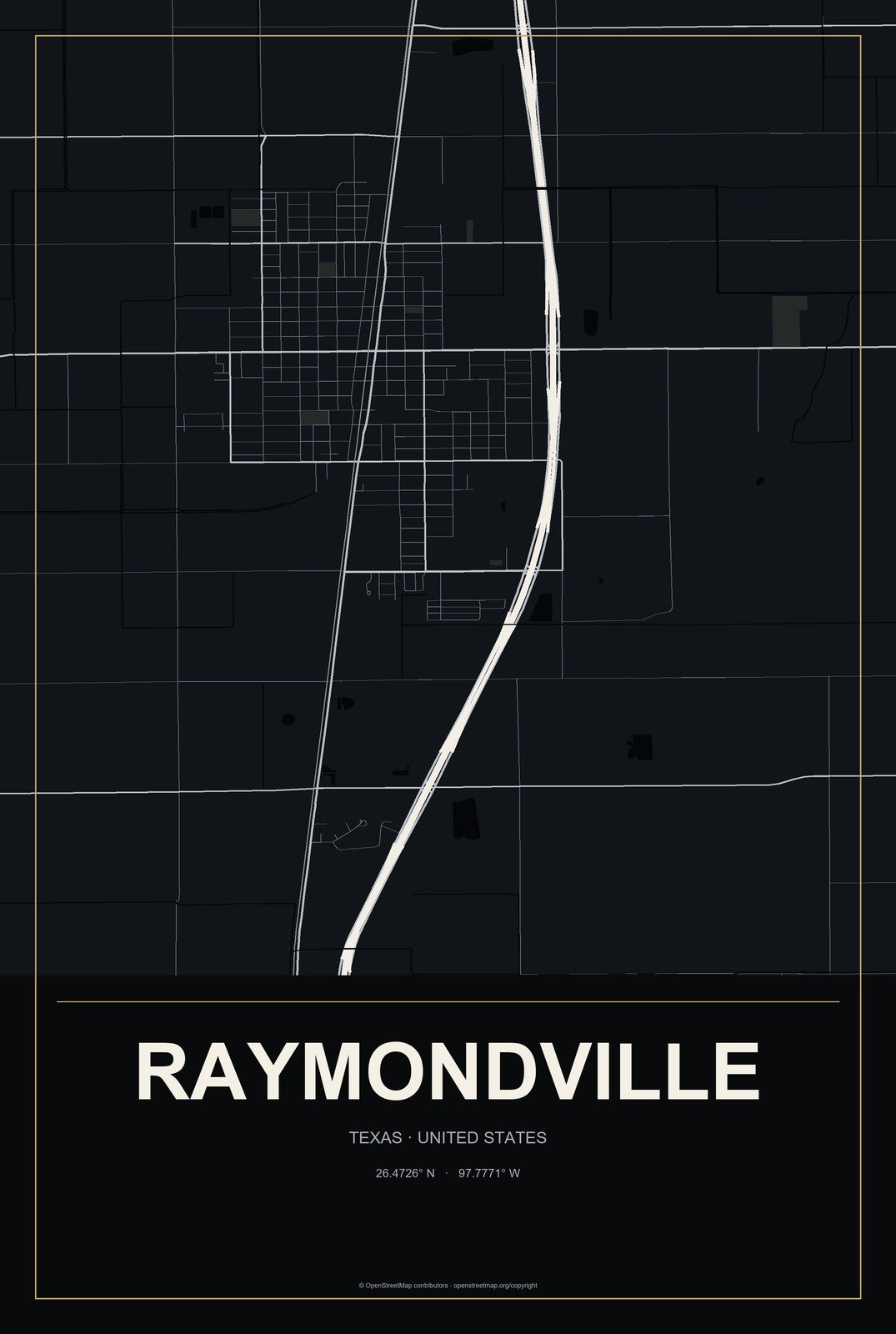 Raymondville, Texas City Map Aluminum Sign in Metropolitan Noir style