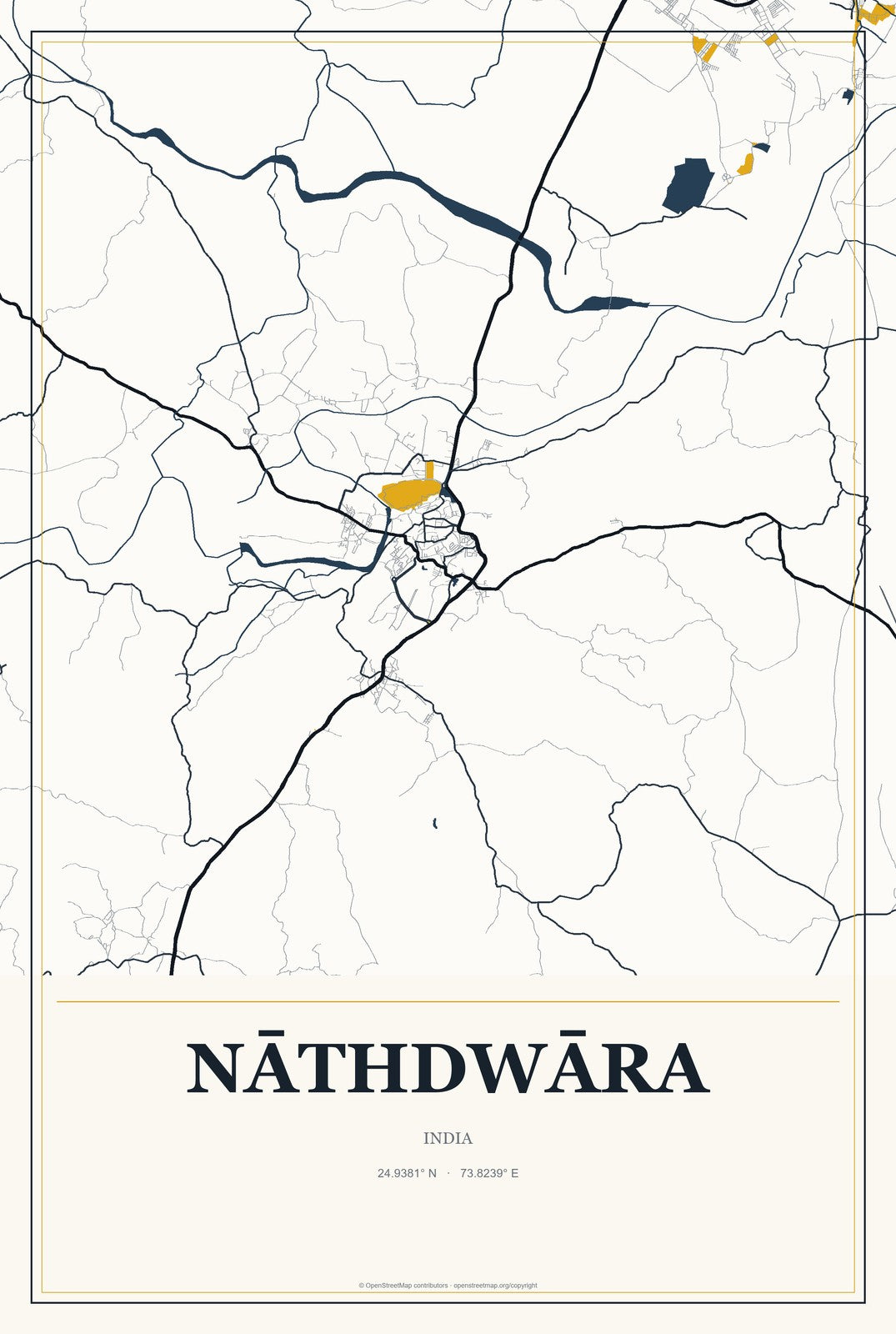 Nāthdwāra, India City Map Aluminum Sign in Citrine Modern style