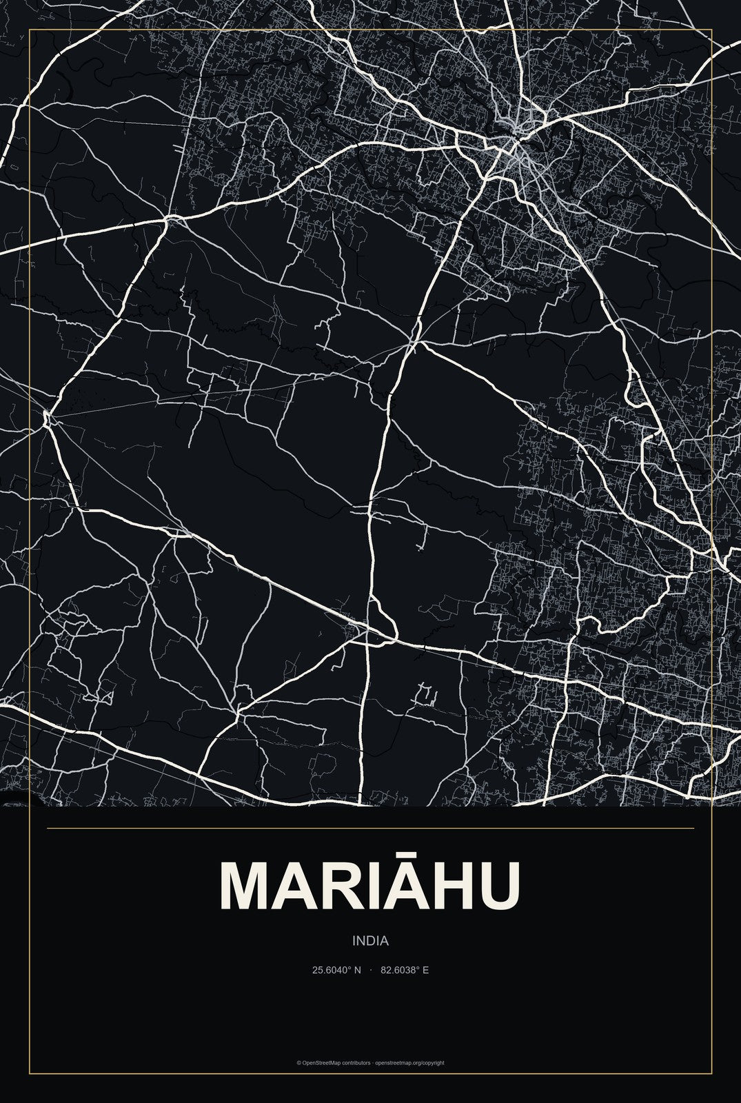 Mariāhu, India City Map Aluminum Sign in Metropolitan Noir style