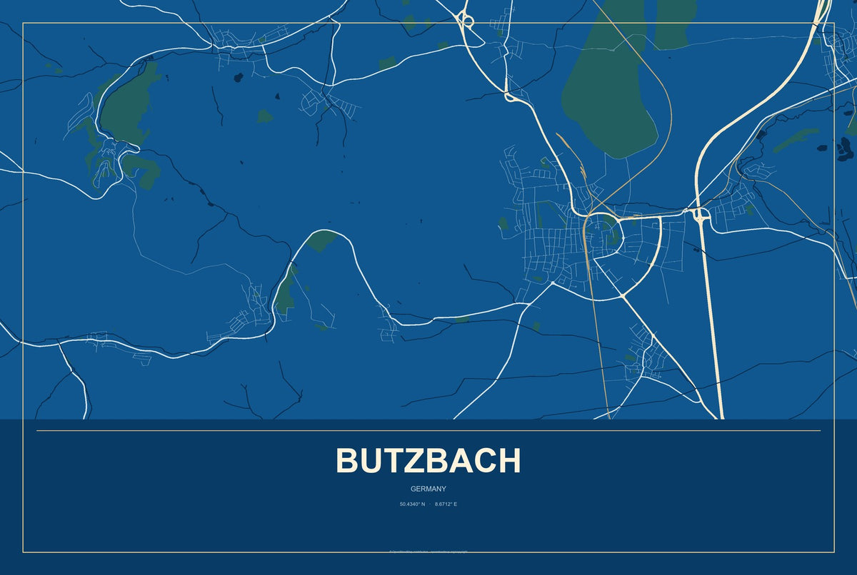 Butzbach, Germany City Map Aluminum Sign in Harbor Cobalt style