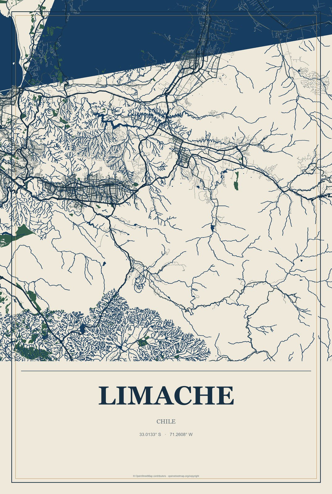 Limache, Chile City Map Aluminum Sign in Coastal Cutout style