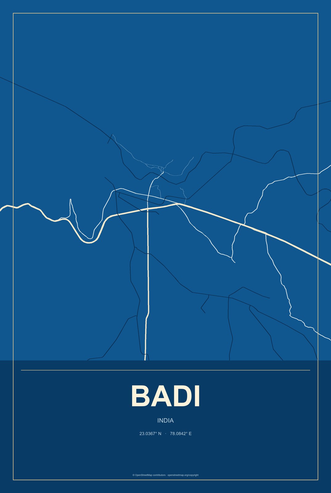 Badi, India City Map Aluminum Sign in Harbor Cobalt style