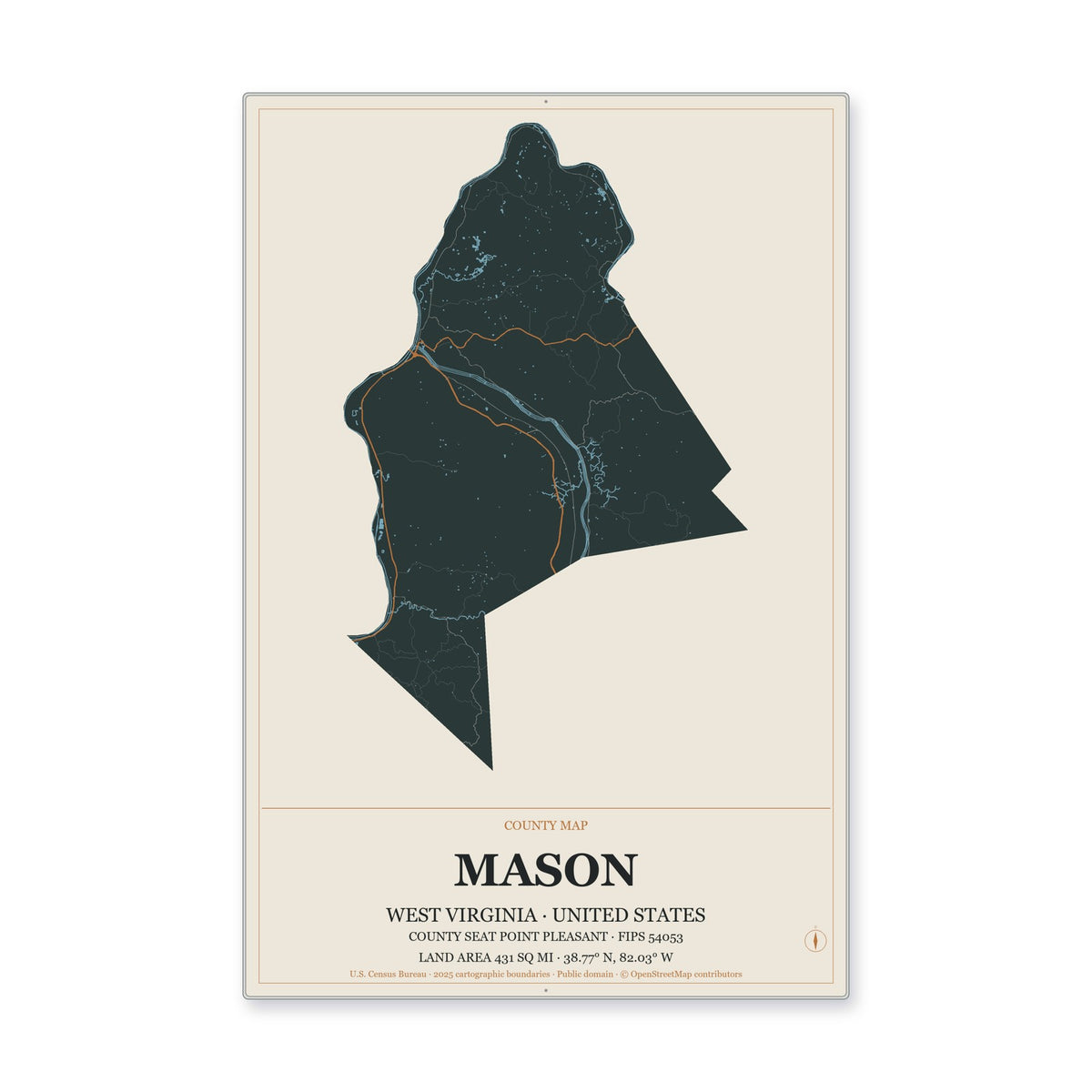 Mason County, West Virginia Map Aluminum Sign in Headline Atlas style