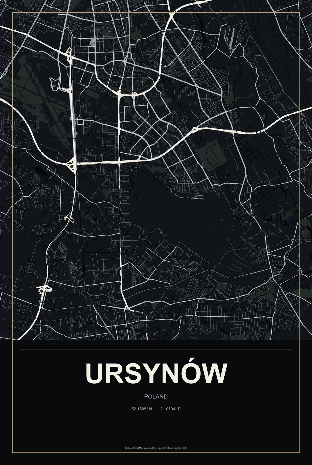 Ursynów, Poland City Map Aluminum Sign in Metropolitan Noir style