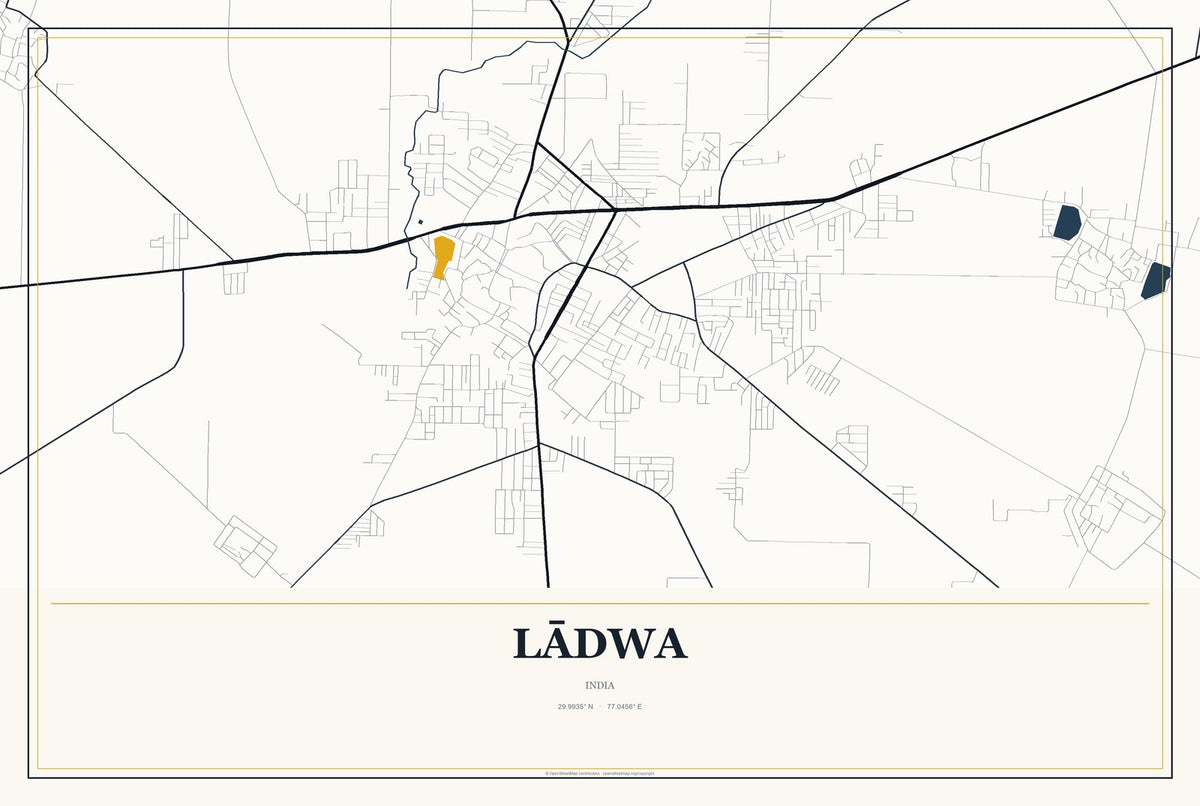 Lādwa, India City Map Aluminum Sign in Citrine Modern style