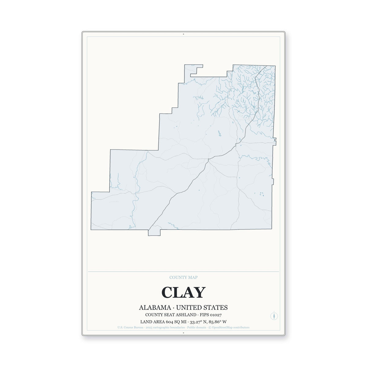Clay County, Alabama Map Aluminum Sign in Gallery Air style