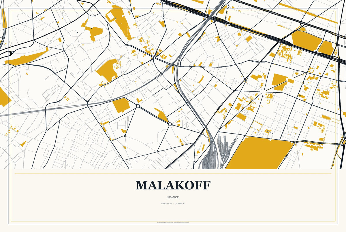 Malakoff, France City Map Aluminum Sign in Citrine Modern style