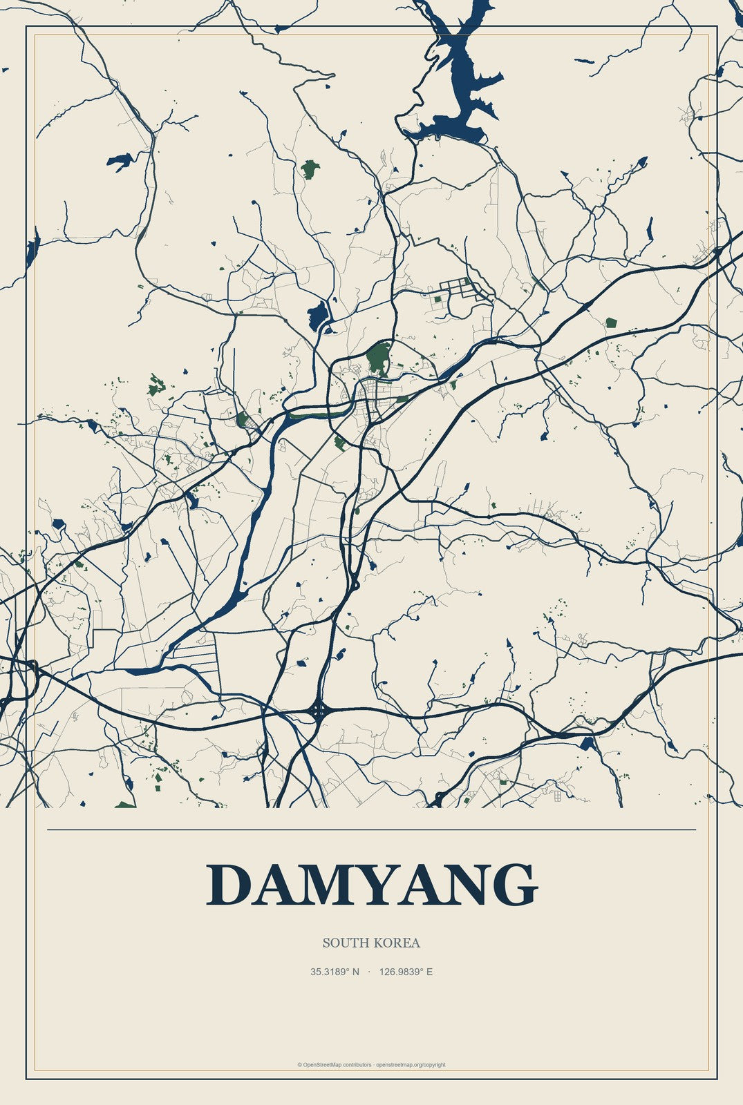 Damyang, South Korea City Map Aluminum Sign in Coastal Cutout style