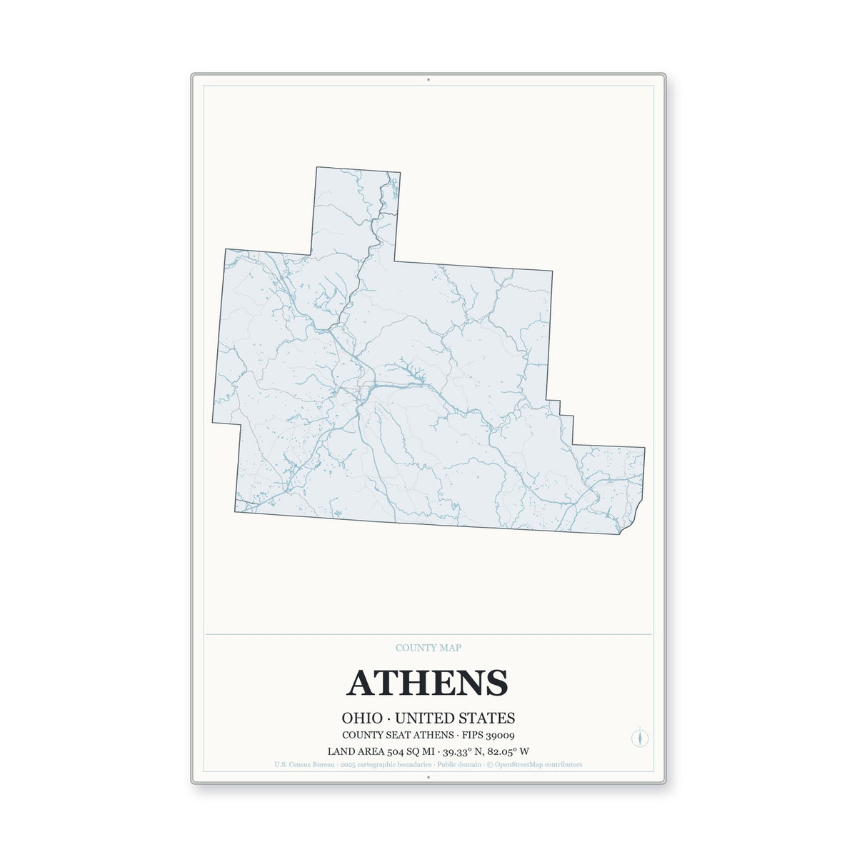 Athens County, Ohio Map Aluminum Sign in Gallery Air style