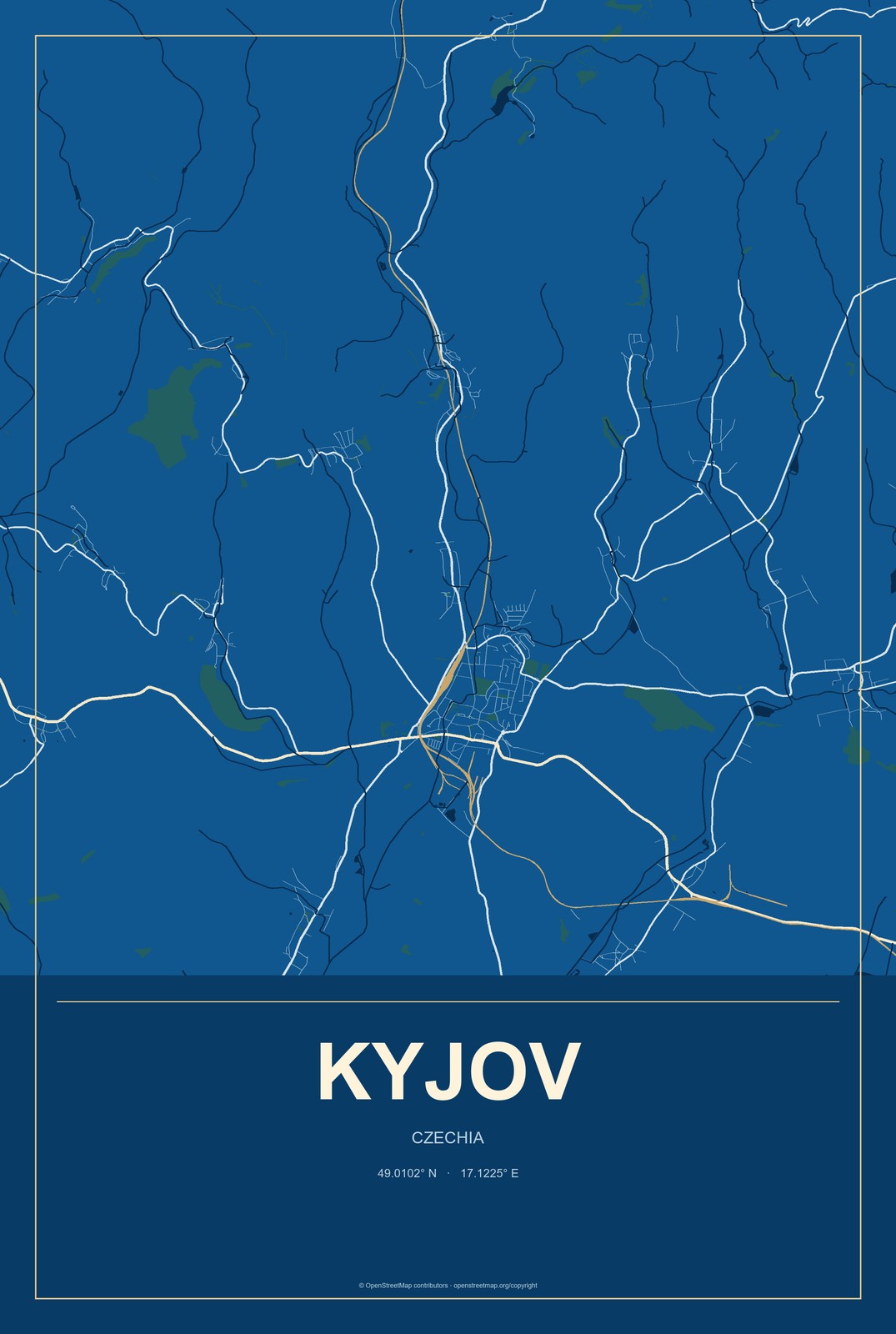 Kyjov, Czechia City Map Aluminum Sign in Harbor Cobalt style