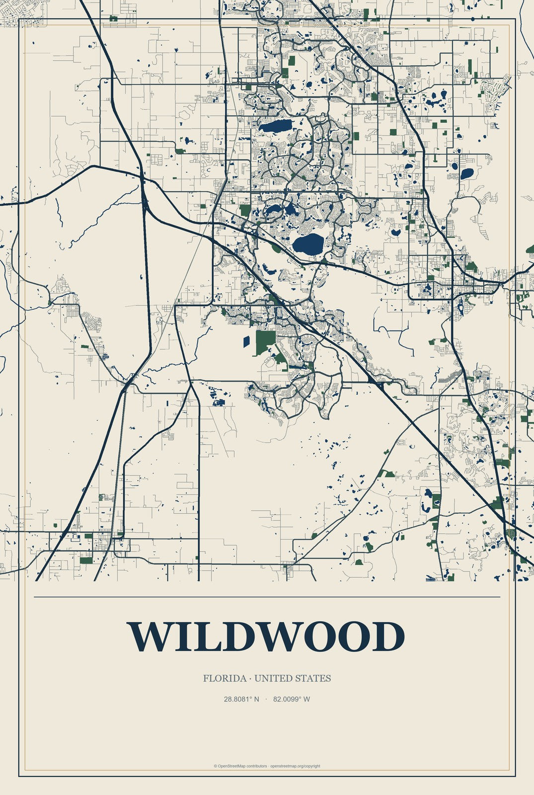 Wildwood, Florida City Map Aluminum Sign in Coastal Cutout style