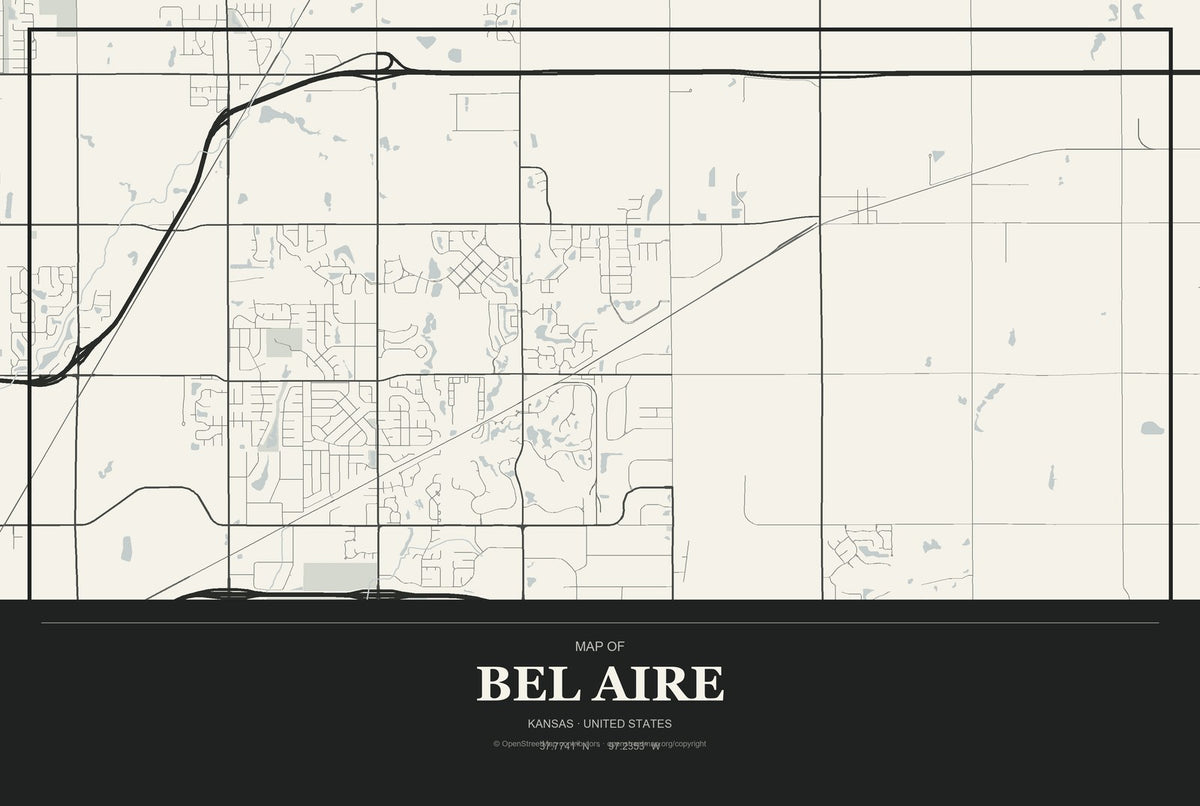 Bel Aire, Kansas City Map Aluminum Sign in Museum Plaque style