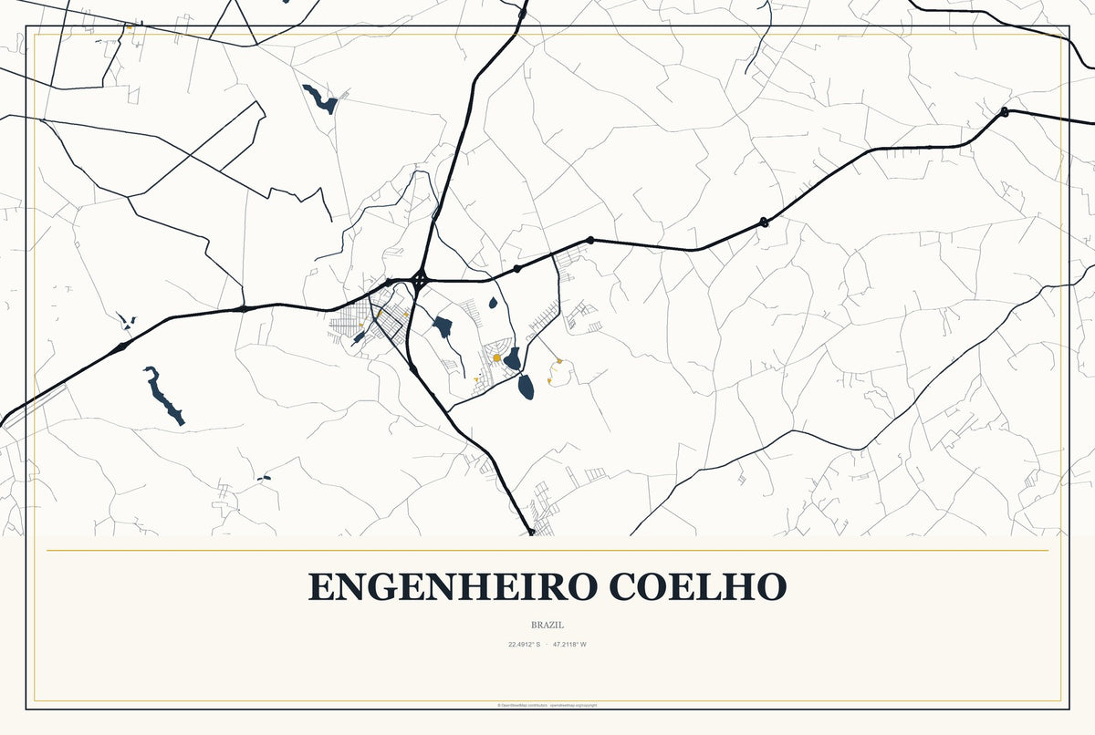 Engenheiro Coelho, Brazil City Map Aluminum Sign in Citrine Modern style