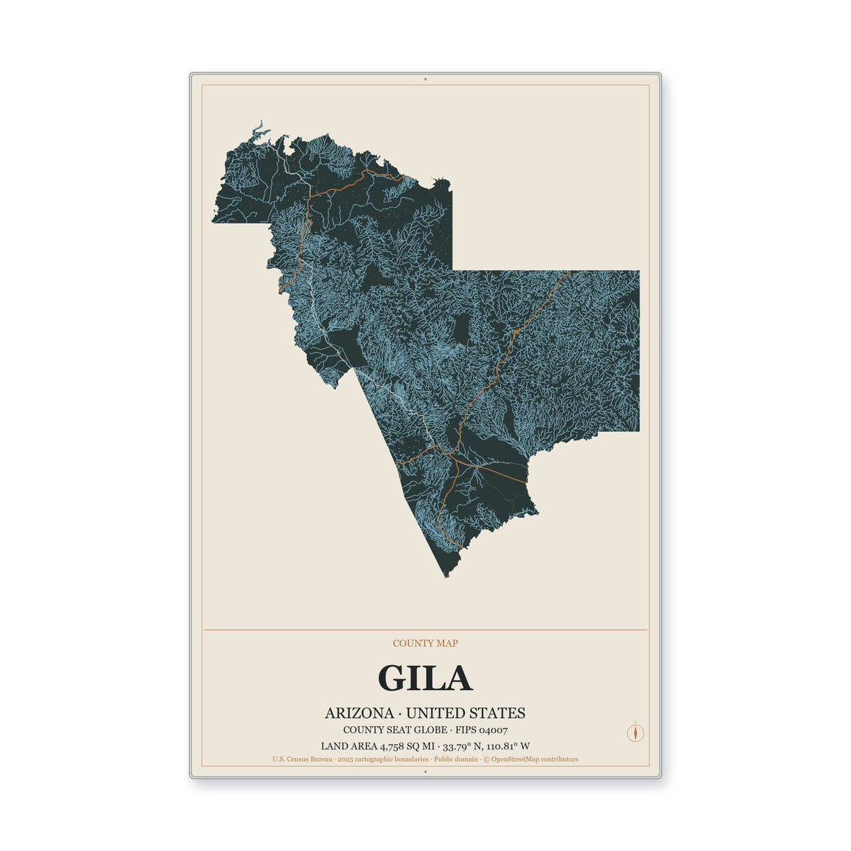 Gila County, Arizona Map Aluminum Sign in Headline Atlas style