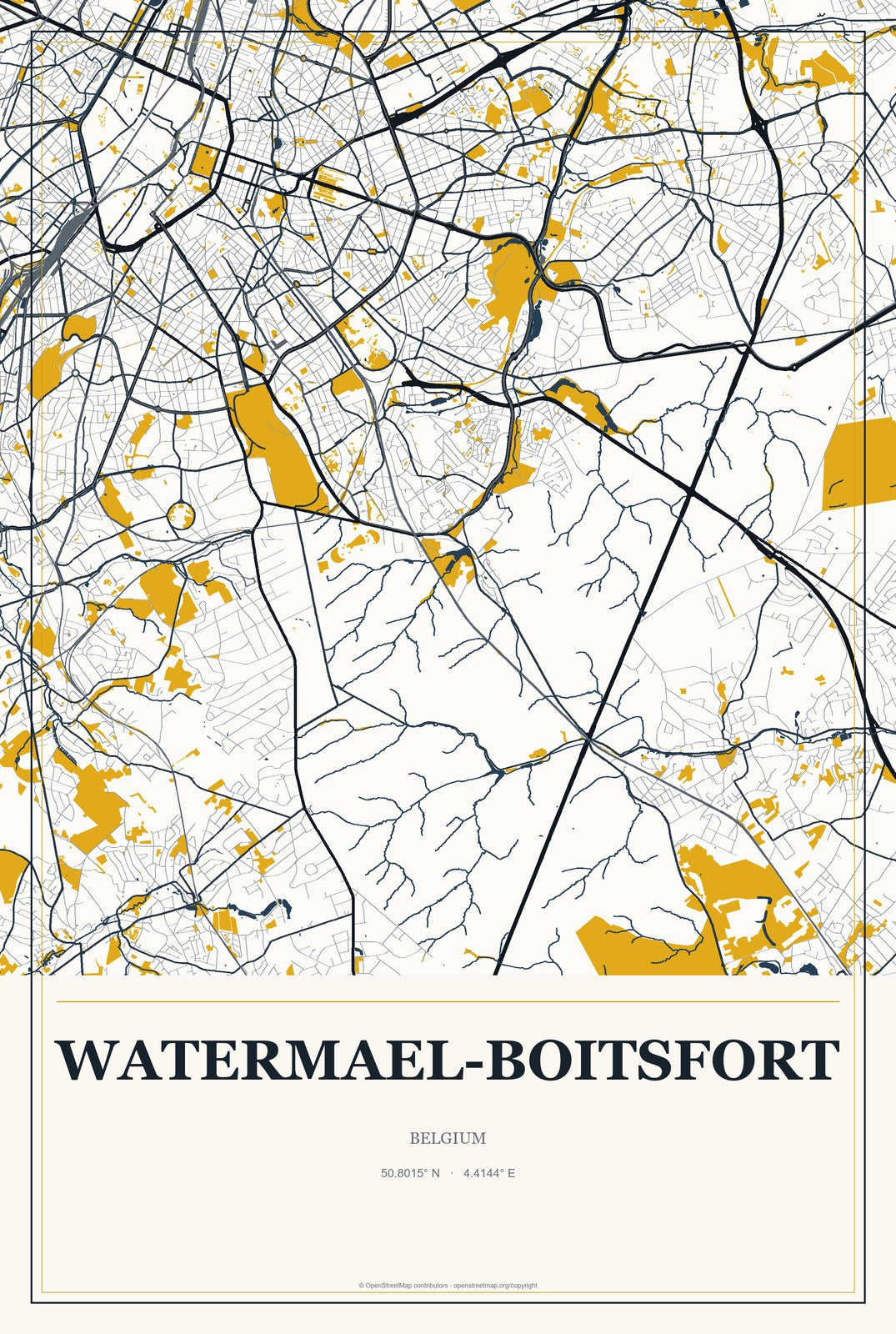 Watermael-Boitsfort, Belgium City Map Aluminum Sign in Citrine Modern style