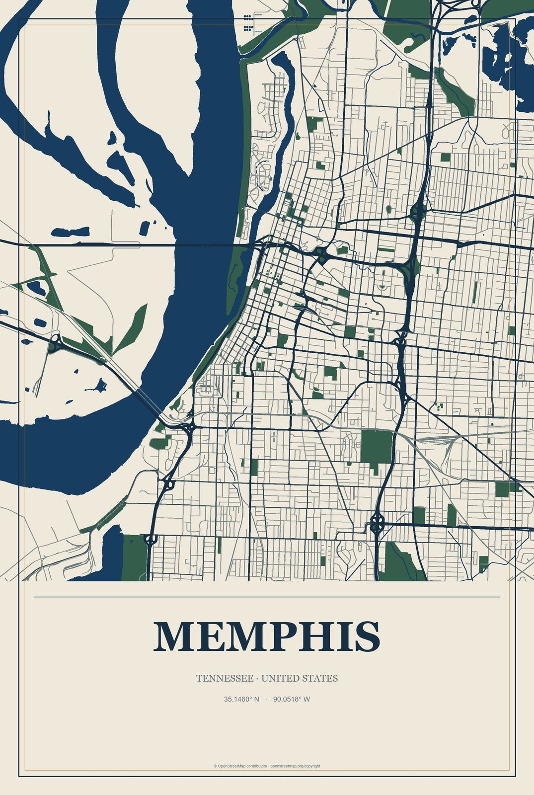 Memphis, Tennessee City Map Aluminum Sign in Coastal Cutout style