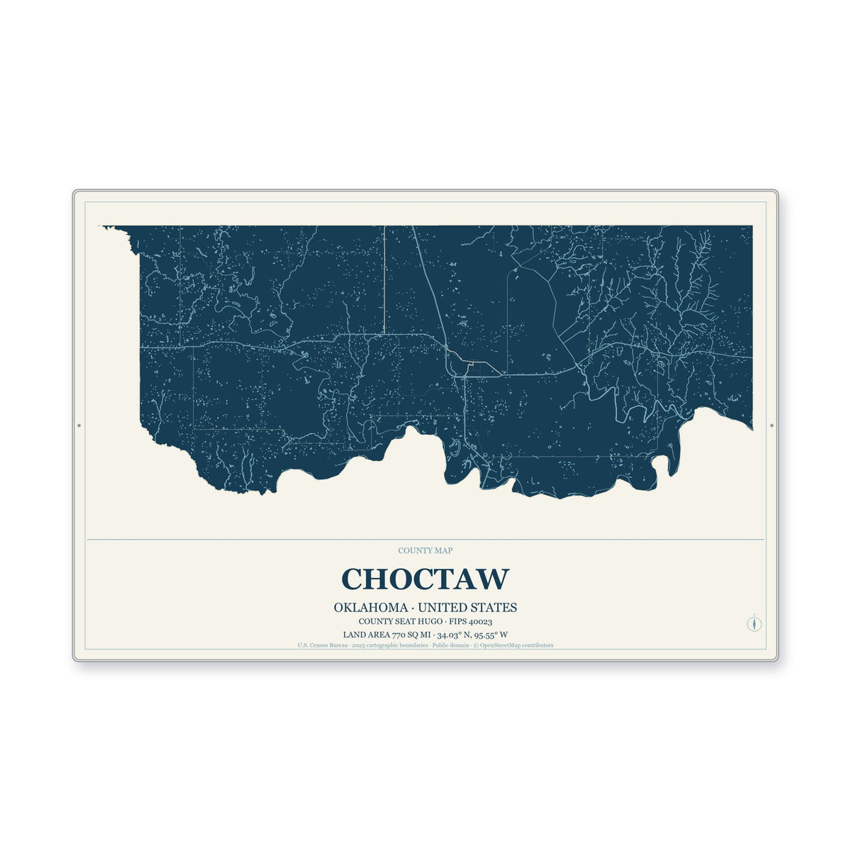 Choctaw County, Oklahoma Map Aluminum Sign in Coastal Cutout style