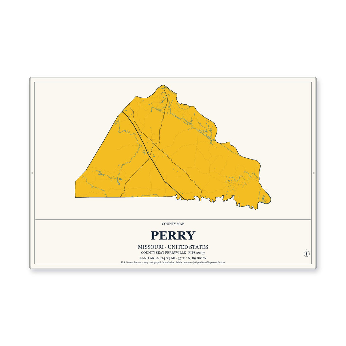 Perry County, Missouri Map Aluminum Sign in Citrine Modern style