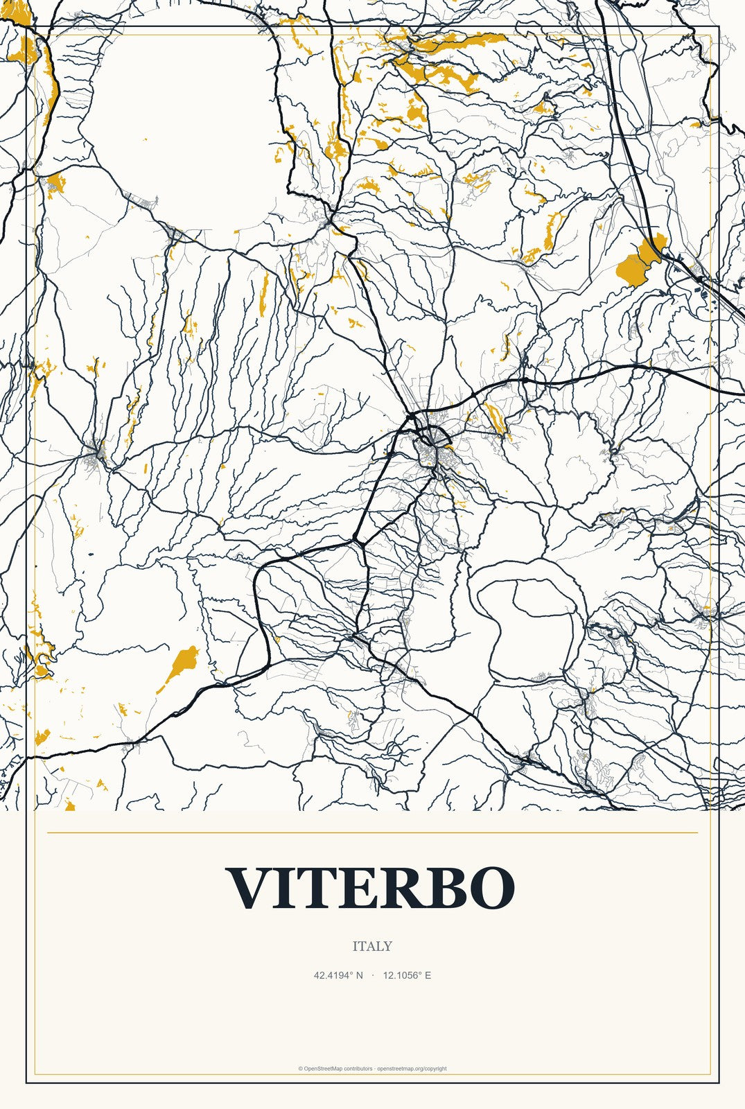 Viterbo, Italy City Map Aluminum Sign in Citrine Modern style