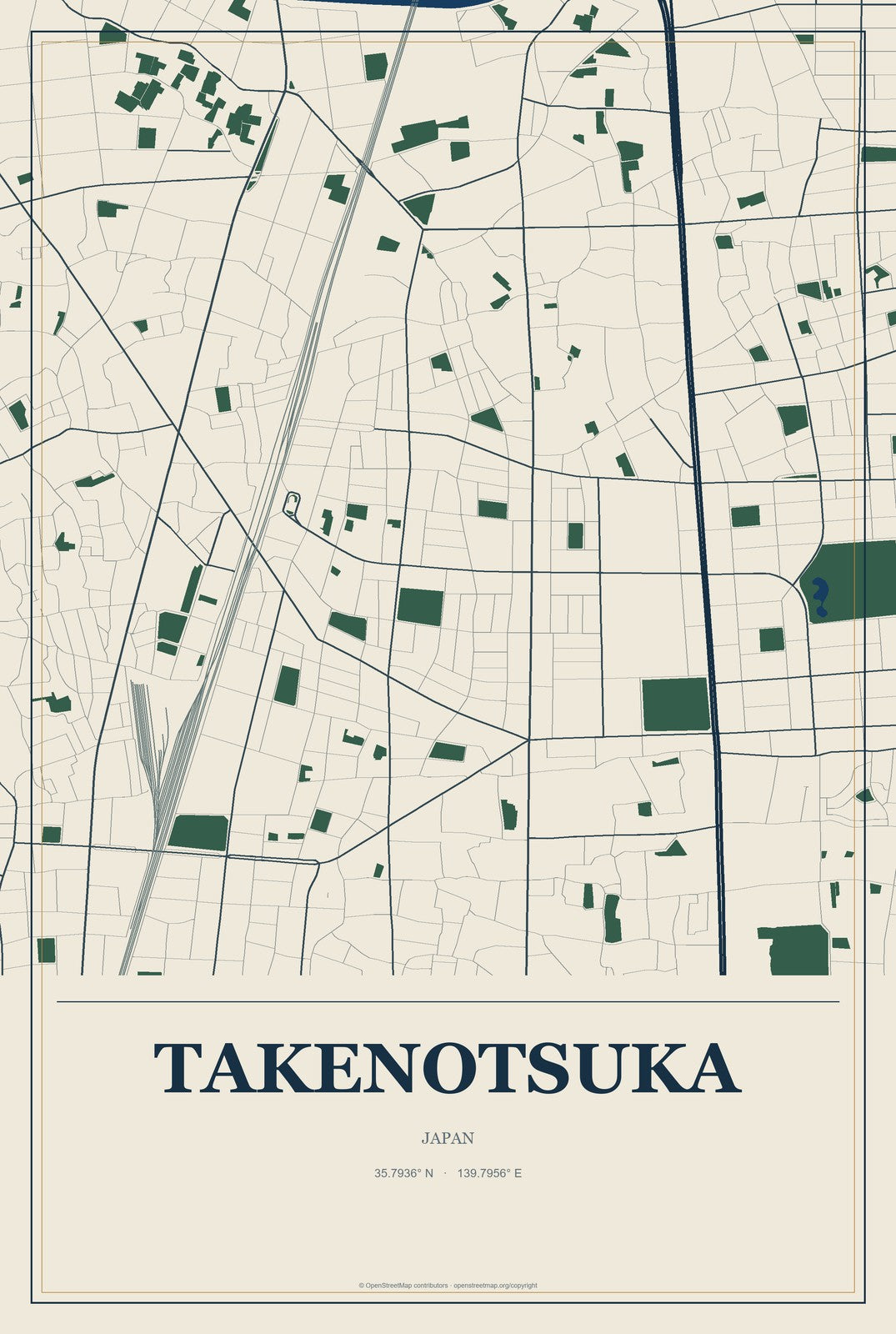Takenotsuka, Japan City Map Aluminum Sign in Coastal Cutout style