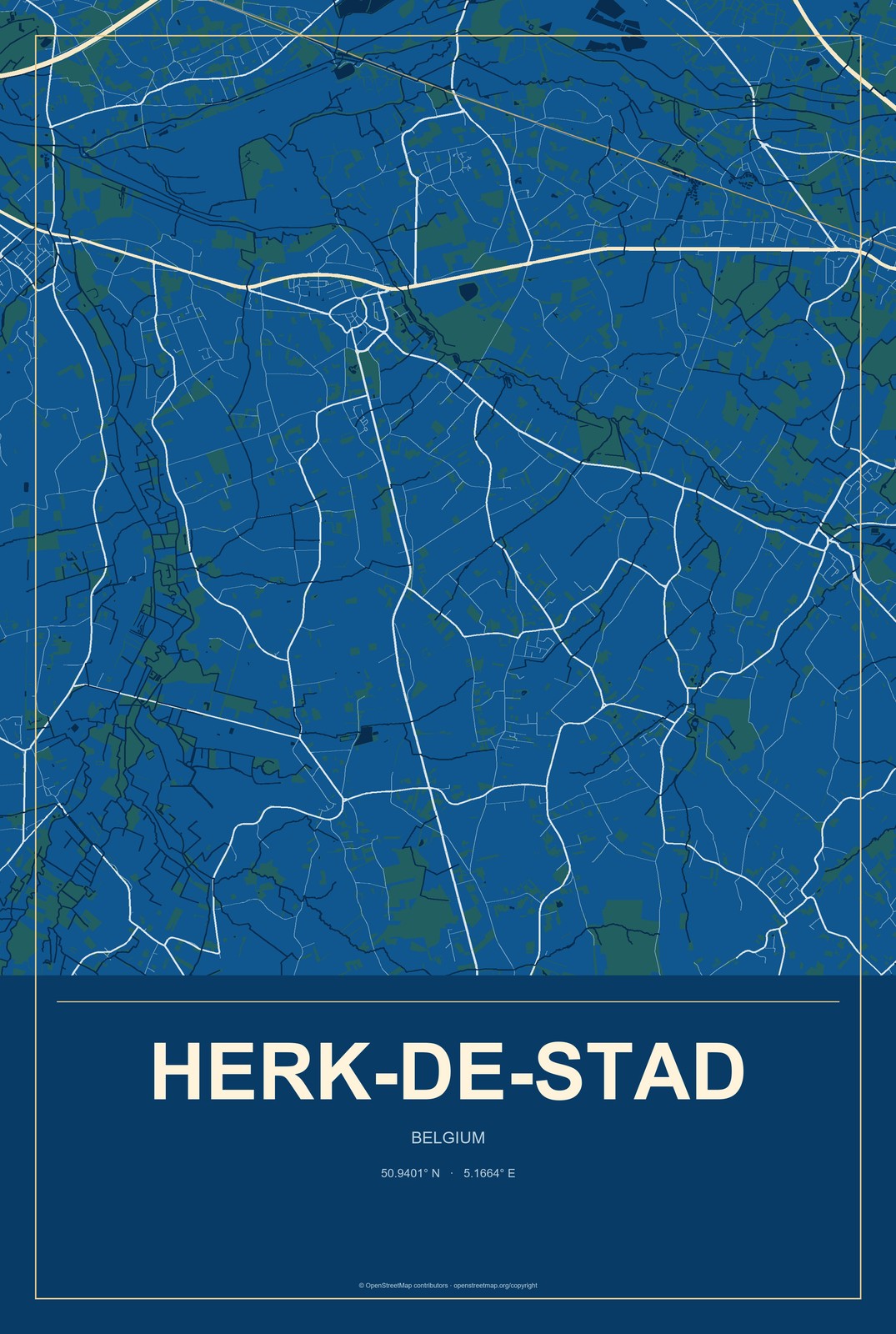 Herk-de-Stad, Belgium City Map Aluminum Sign in Harbor Cobalt style