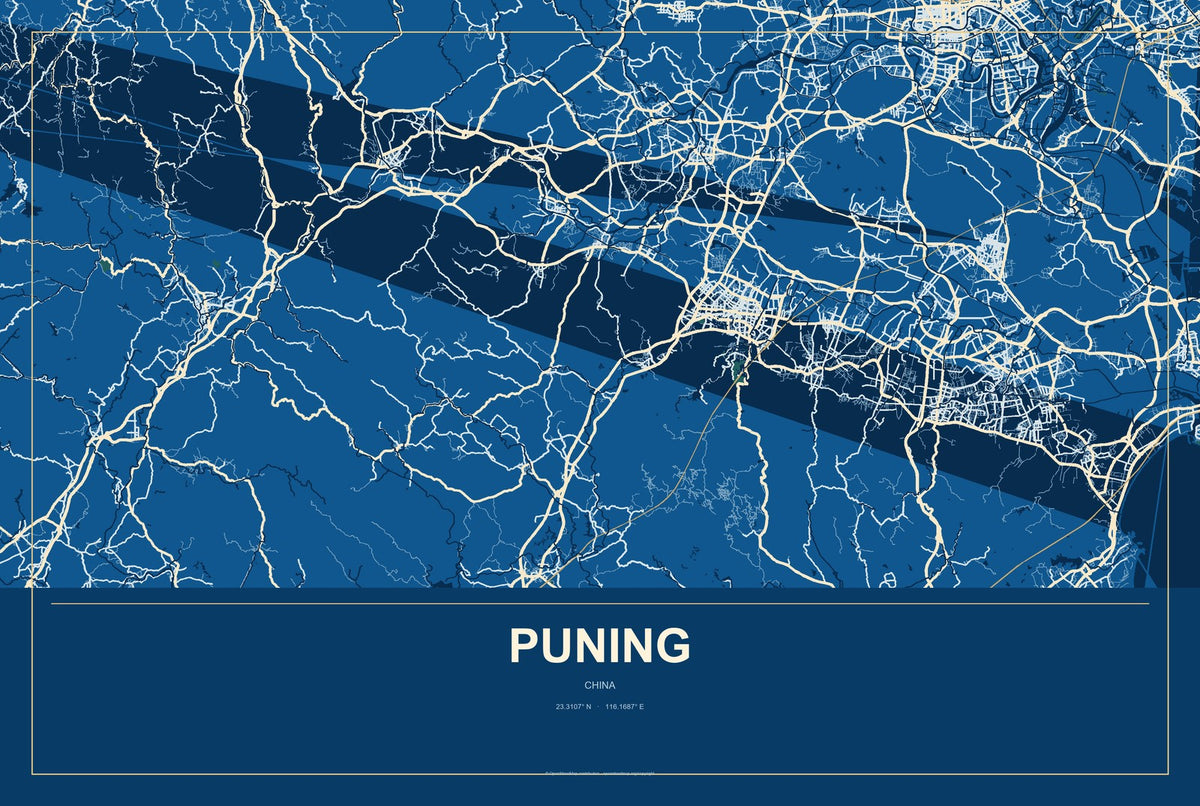 Puning, China City Map Aluminum Sign in Harbor Cobalt style