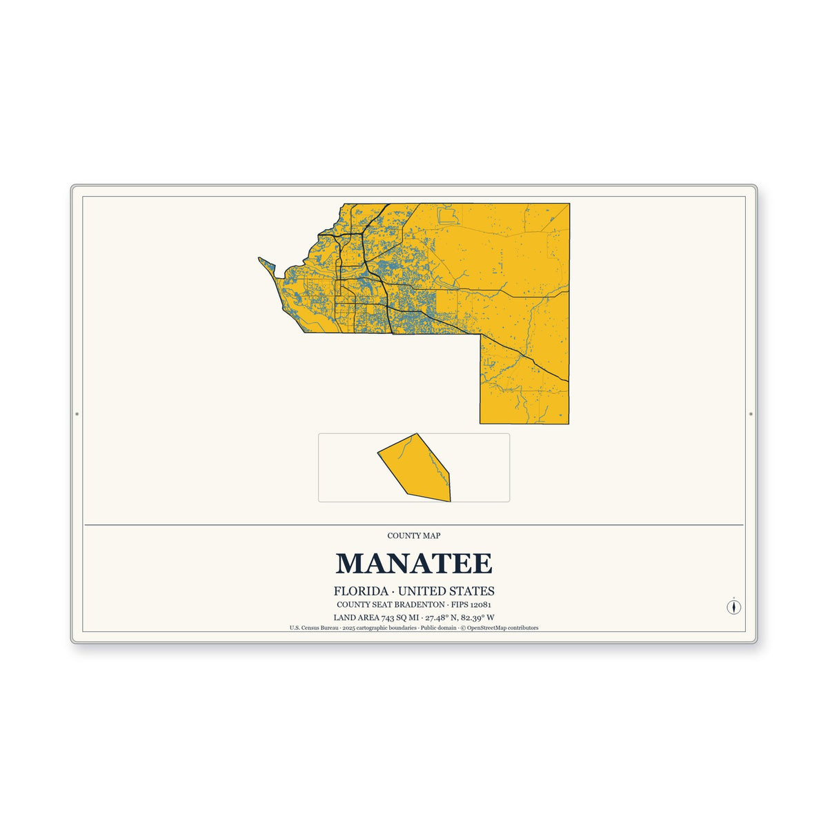 Manatee County, Florida Map Aluminum Sign in Citrine Modern style