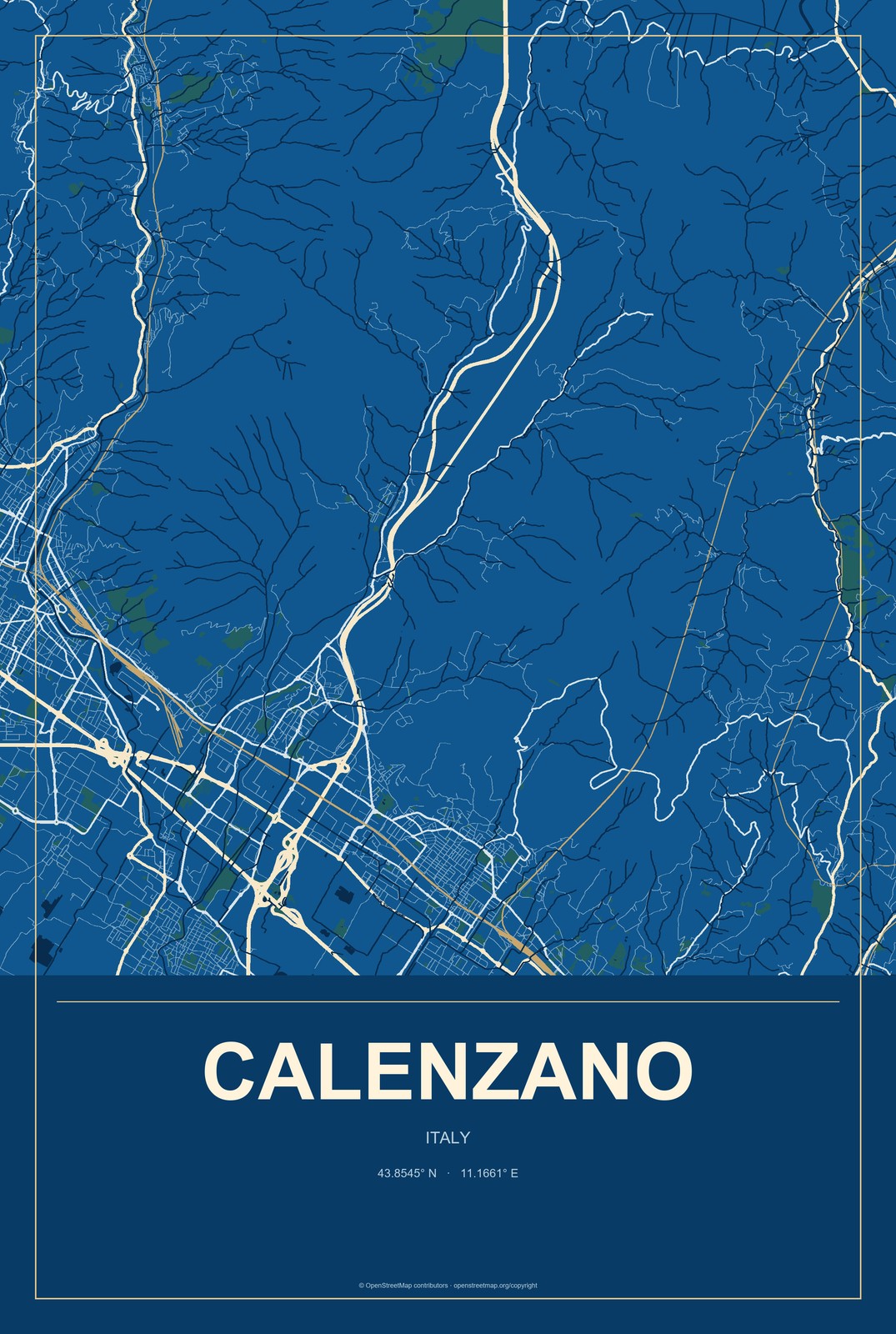 Calenzano, Italy City Map Aluminum Sign in Harbor Cobalt style