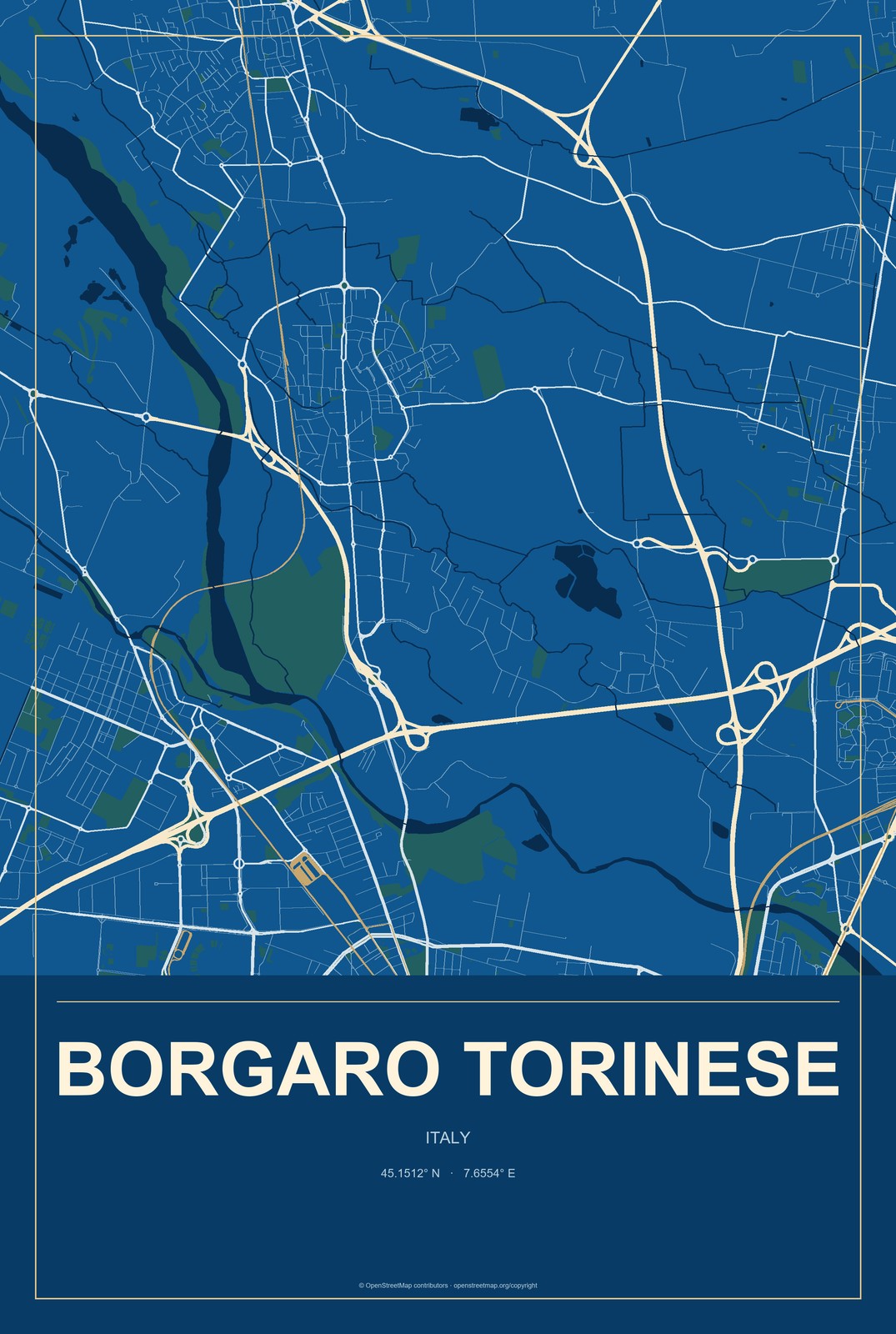 Borgaro Torinese, Italy City Map Aluminum Sign in Harbor Cobalt style