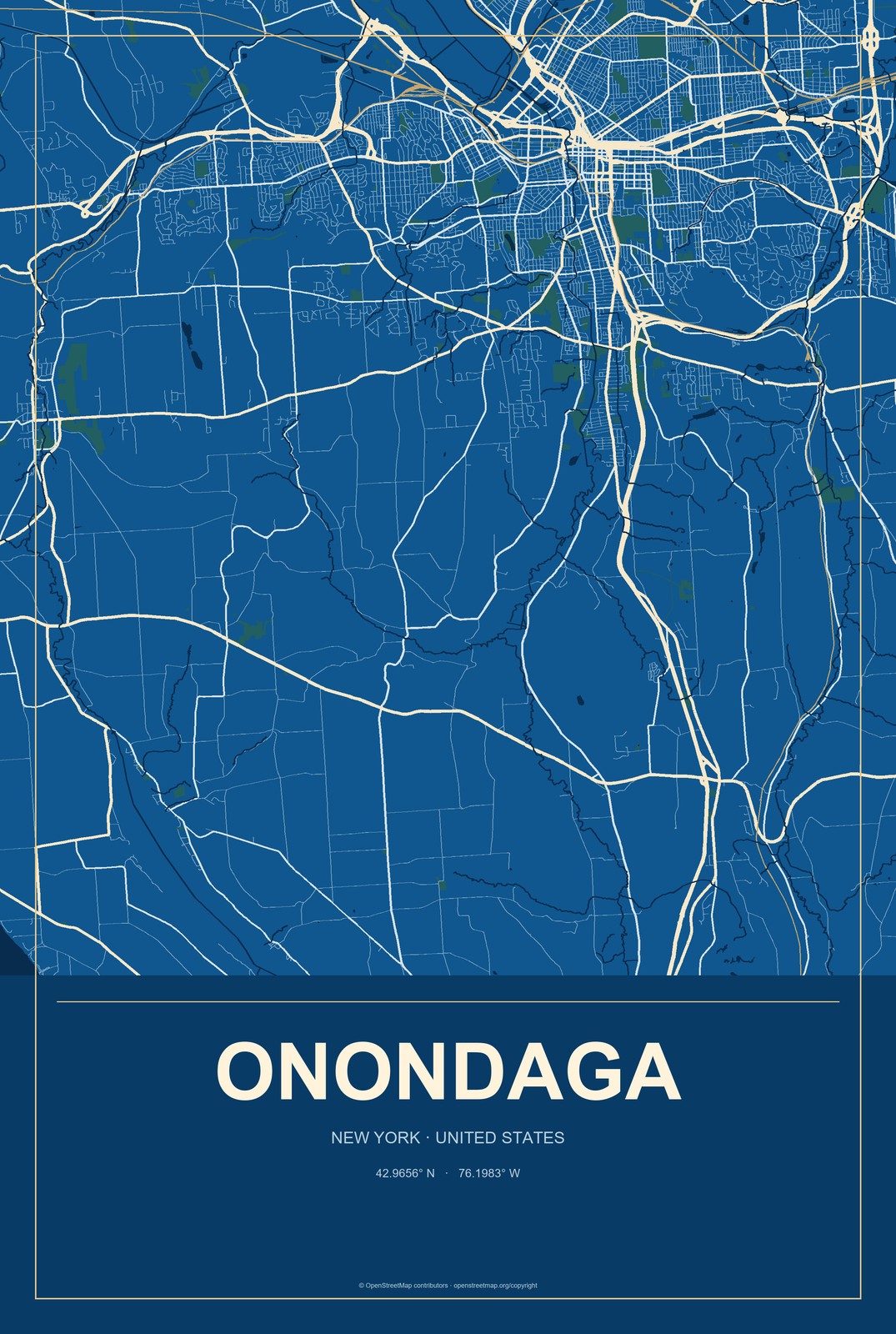 Onondaga, New York City Map Aluminum Sign in Harbor Cobalt style