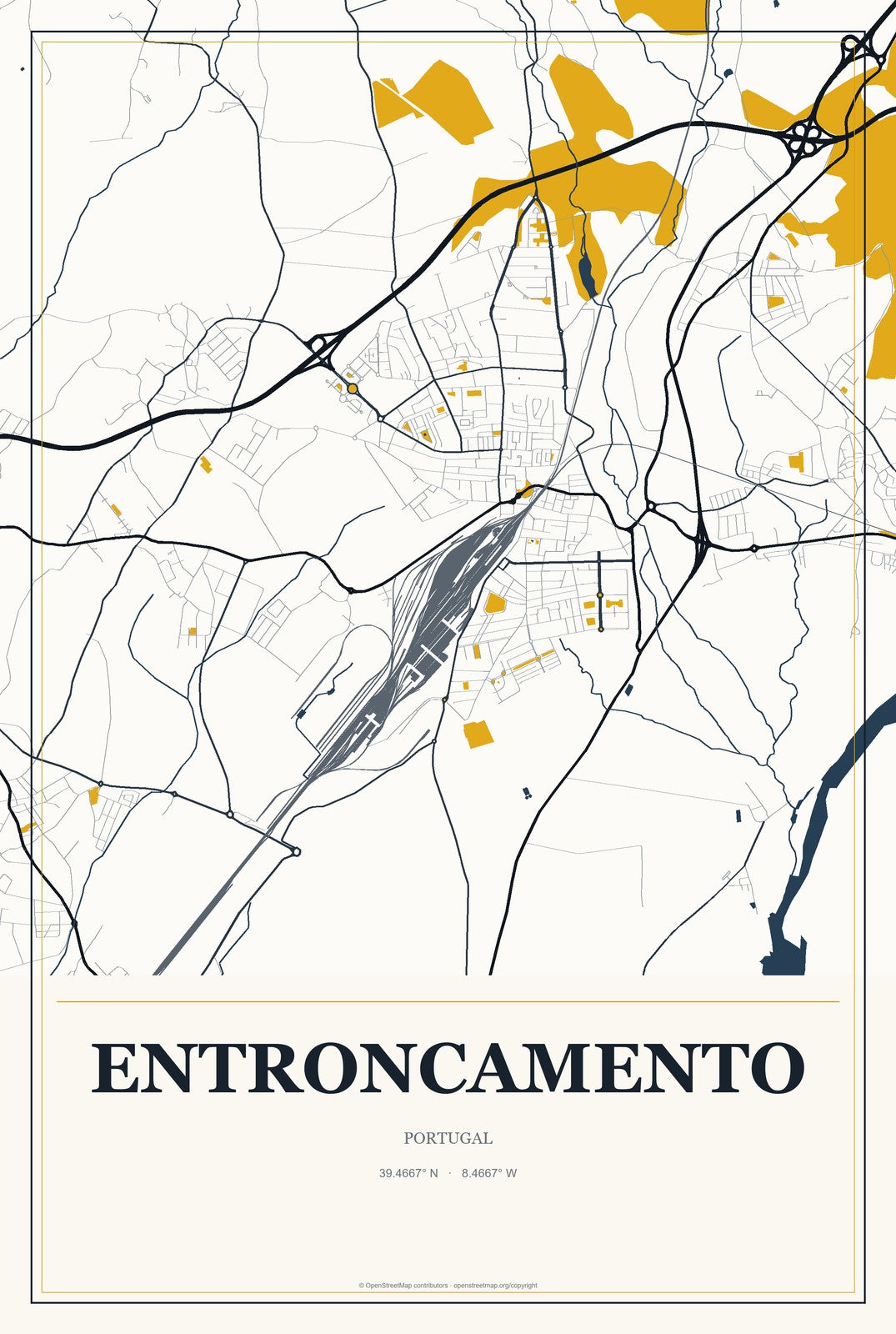 Entroncamento, Portugal City Map Aluminum Sign in Citrine Modern style