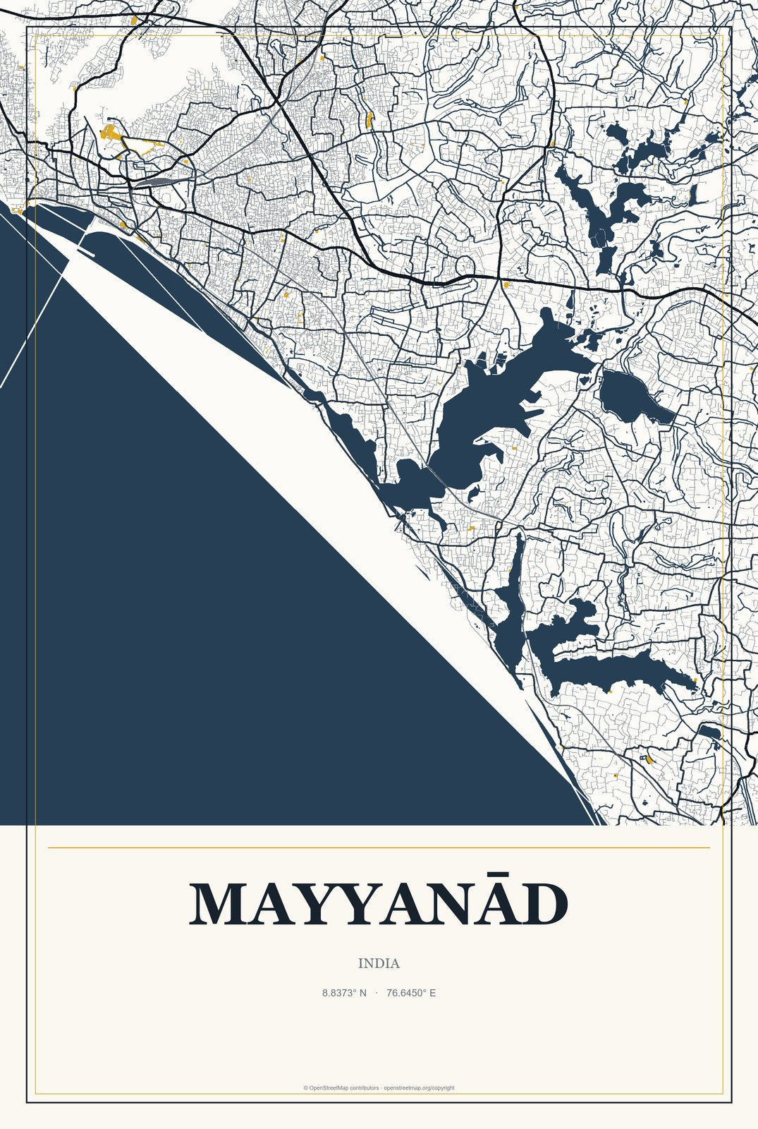 Mayyanād, India City Map Aluminum Sign in Citrine Modern style
