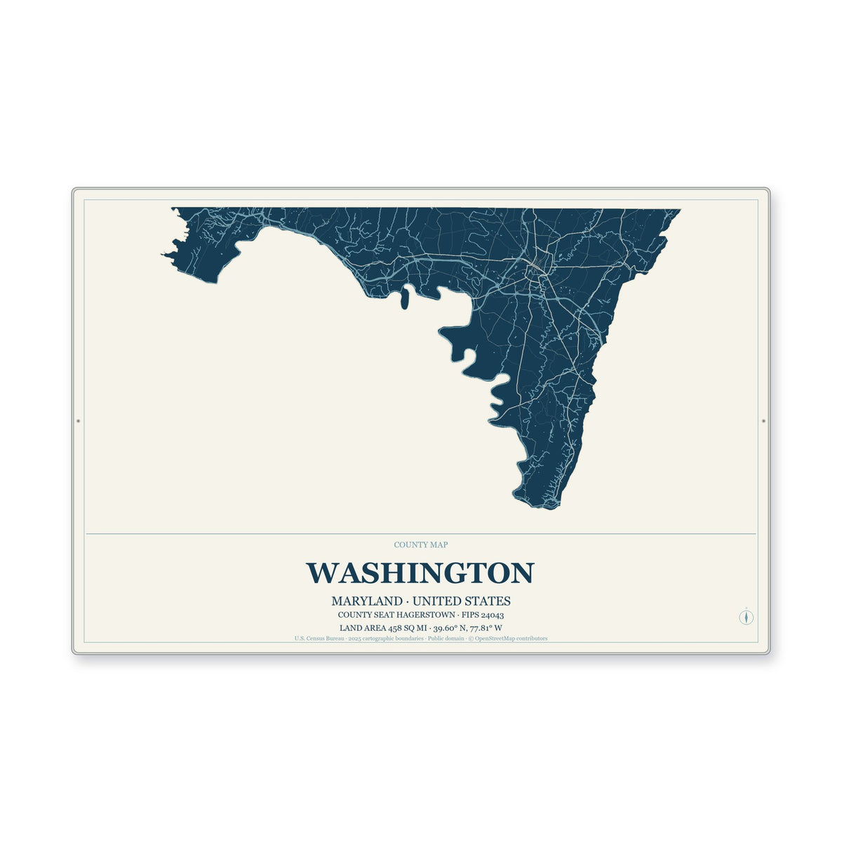 Washington County, Maryland Map Aluminum Sign in Coastal Cutout style