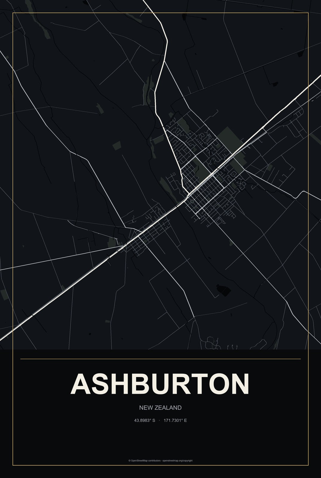 Ashburton, New Zealand City Map Aluminum Sign in Metropolitan Noir style