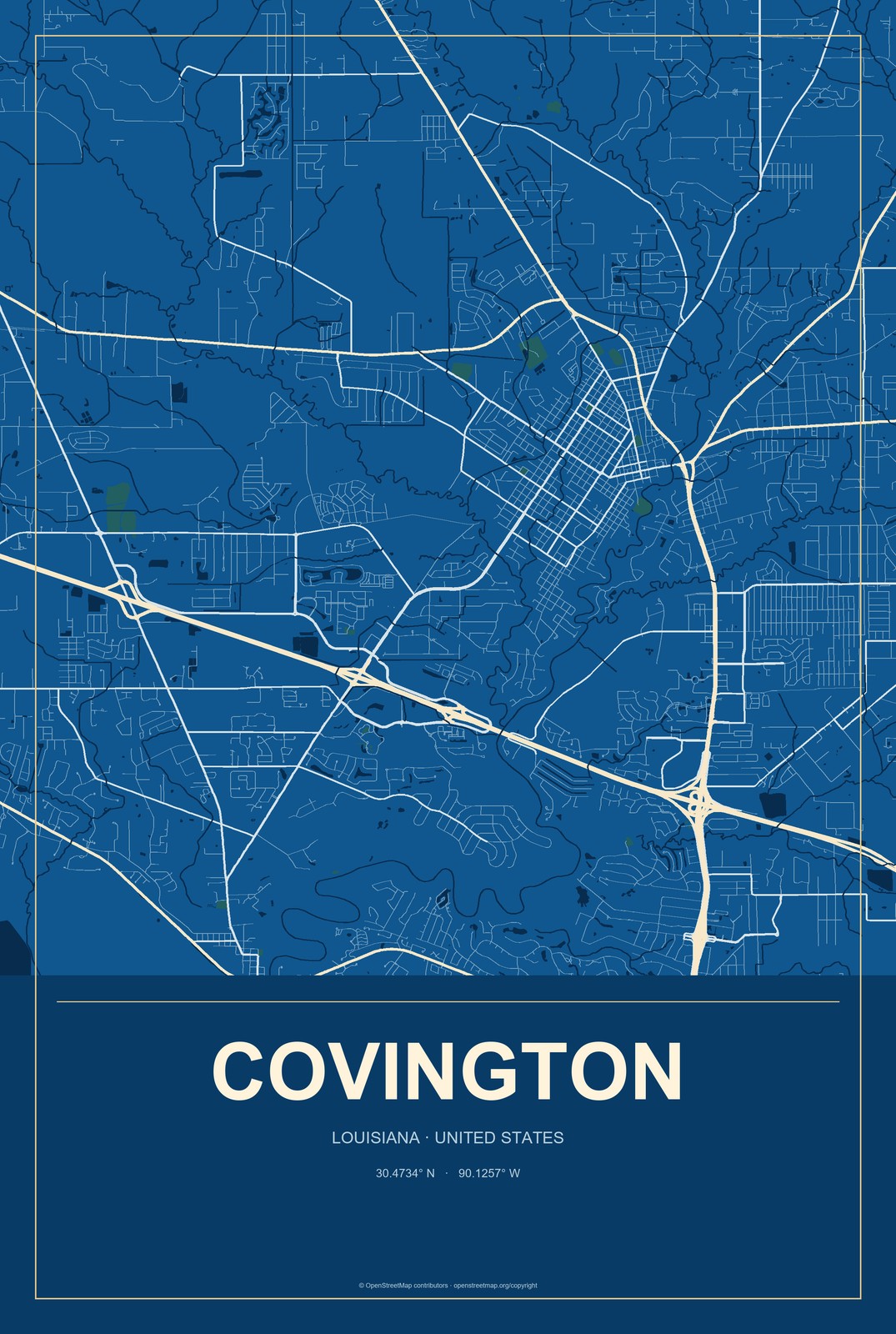Covington, Louisiana City Map Aluminum Sign in Harbor Cobalt style