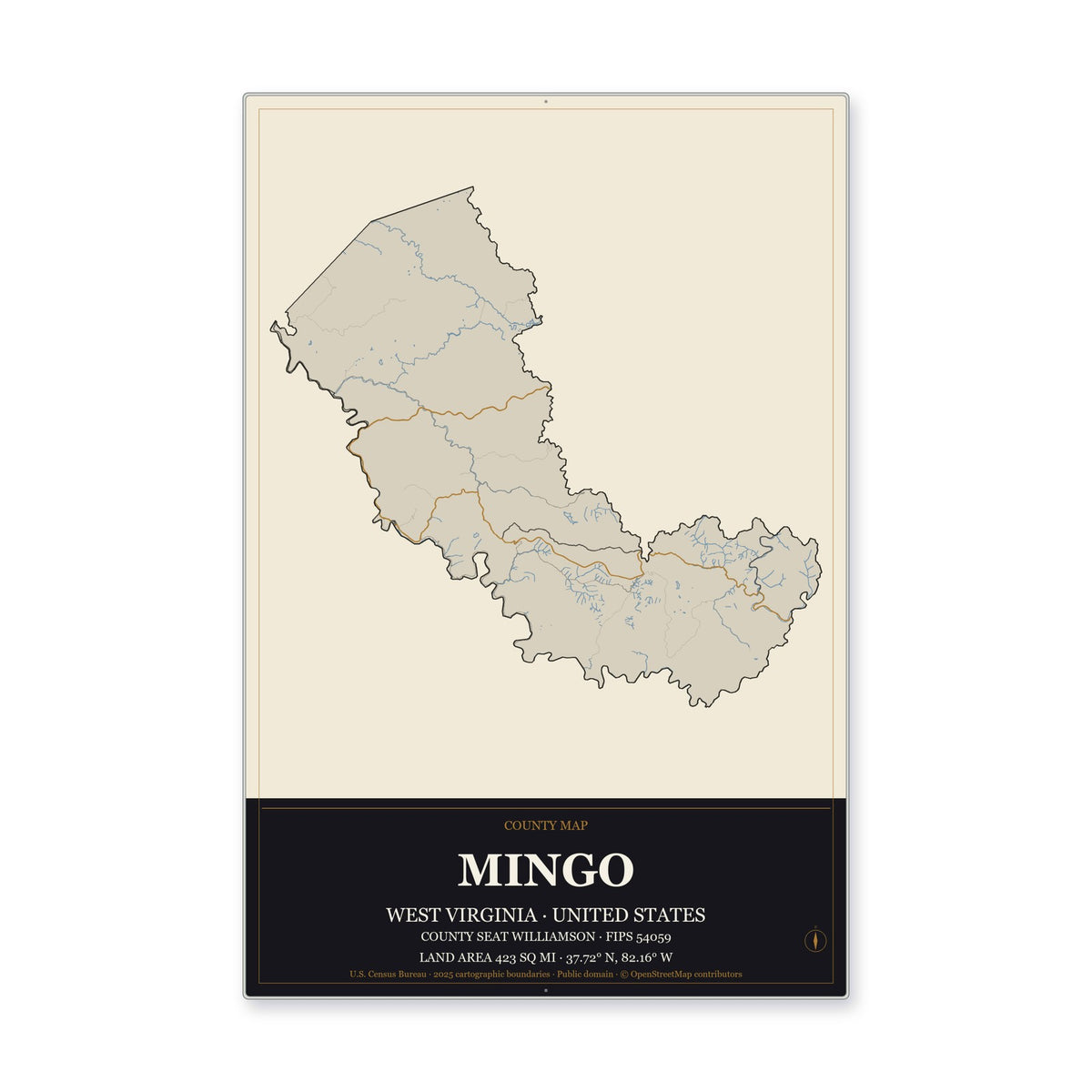 Mingo County, West Virginia Map Aluminum Sign in Museum Plaque style