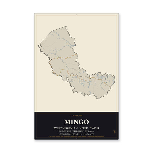 Mingo County, West Virginia Map Aluminum Sign in Museum Plaque style