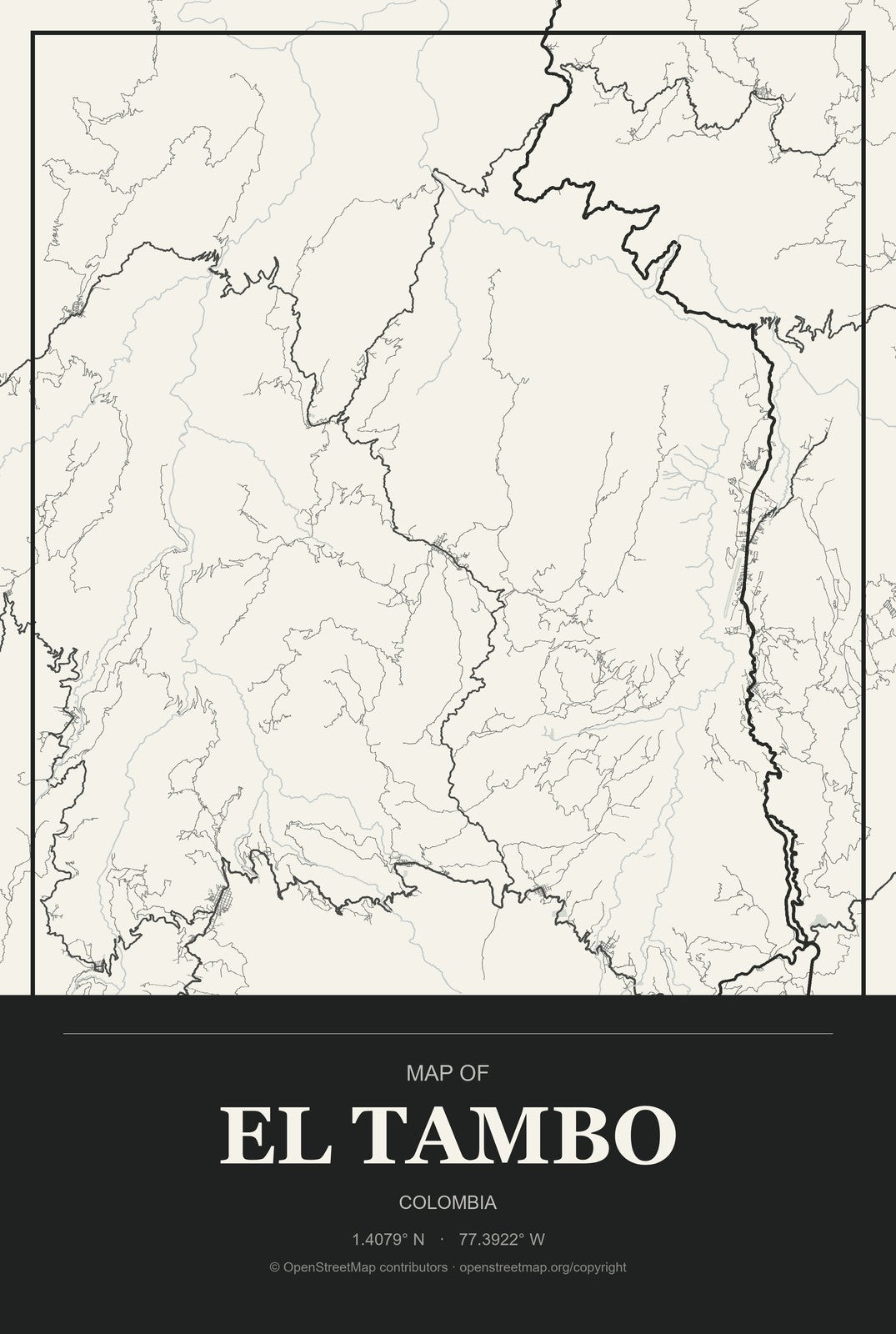 El Tambo, Colombia City Map Aluminum Sign in Museum Plaque style